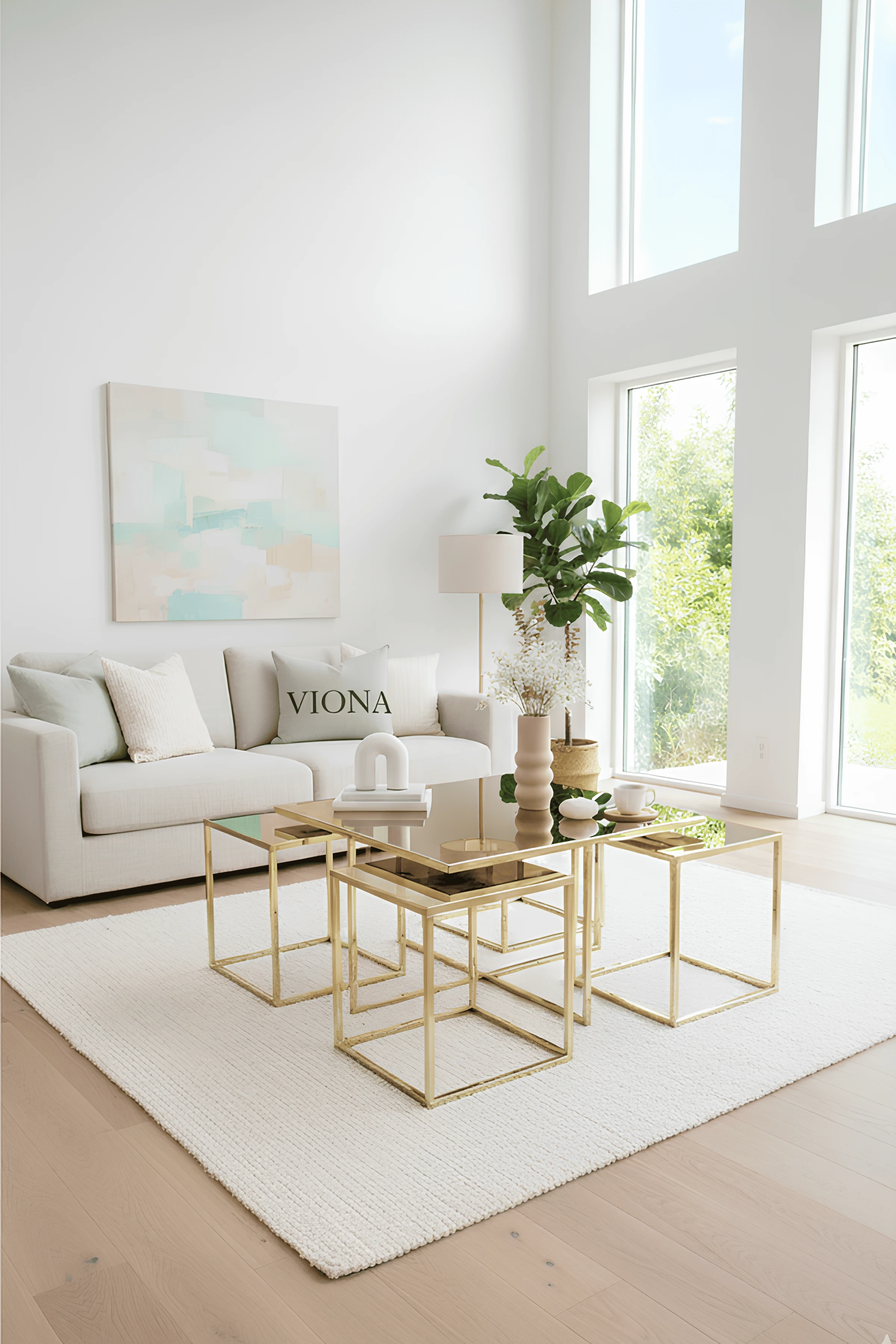 Almila 5'li Gold Kaplama Bronz Aynalı Orta Sehpa & Zigon Sehpa & Yan Sehpa & Bohem Sehpa Takımı