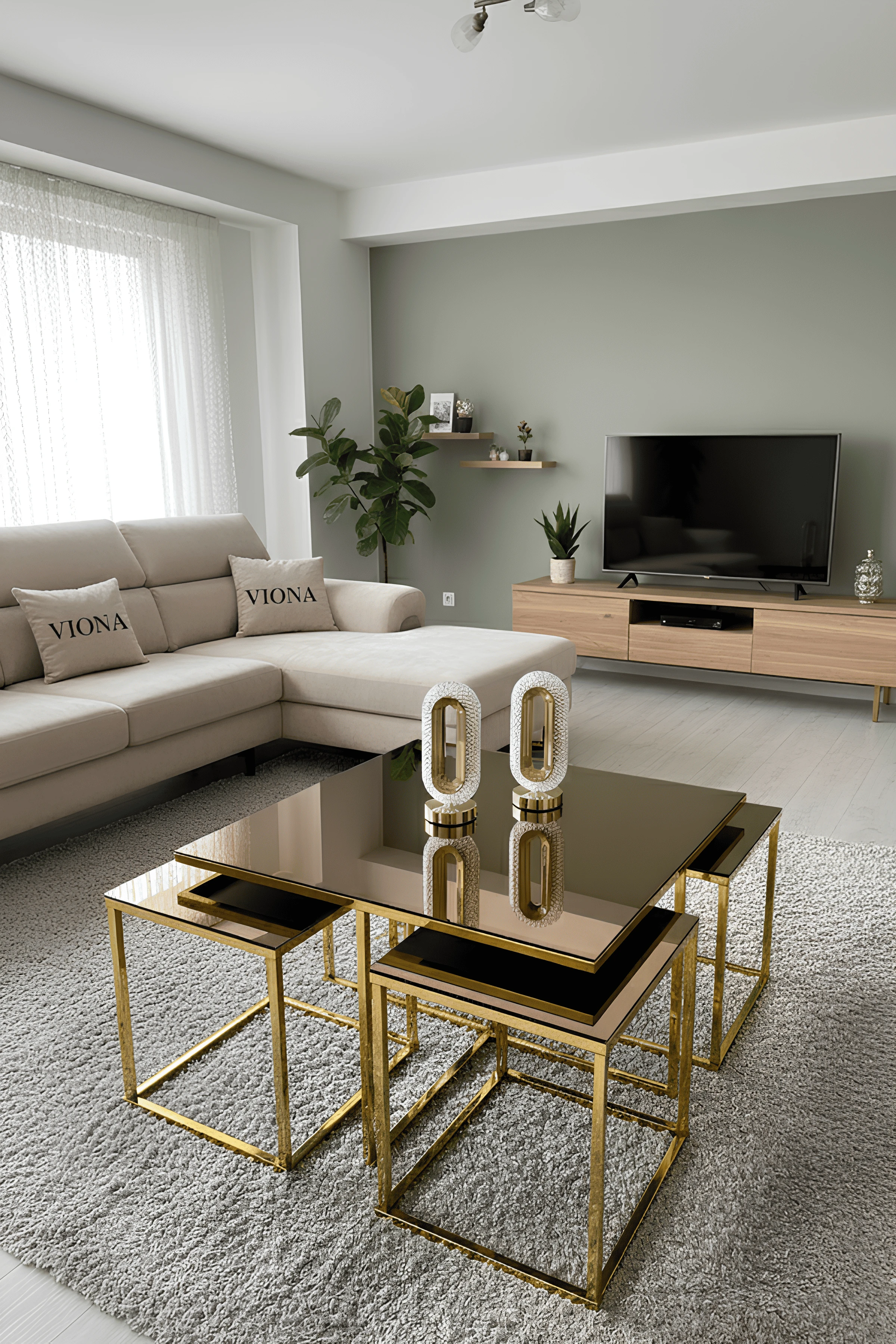 Almila 5'li Gold Kaplama Bronz Aynalı Orta Sehpa & Zigon Sehpa & Yan Sehpa & Bohem Sehpa Takımı