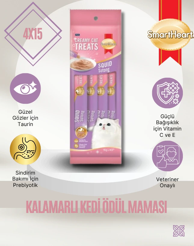 SmartHeart Gold Creamy Cat Treats Kalamarlı Kedi Ödül Maması 4x15g – Lezzetli ve Besleyici Atıştırmalık