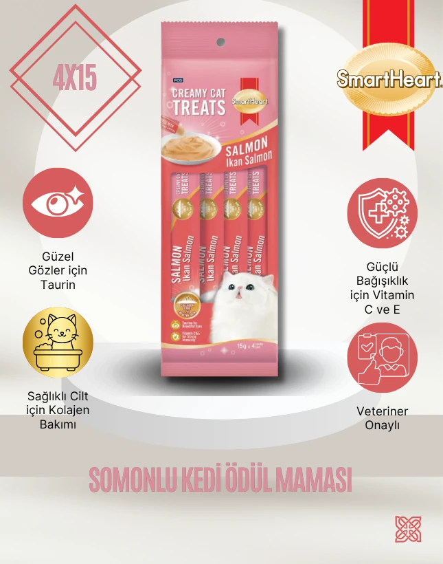 SmartHeart Gold Creamy Cat Treats Somonlu Kedi Ödül Maması 4x15g – Lezzetli ve Besleyici Atıştırmalık