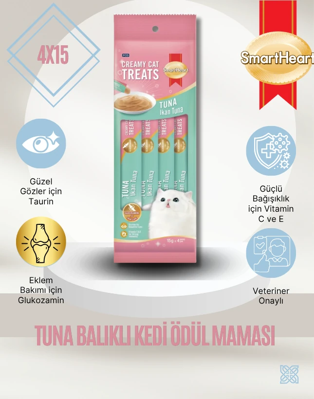SmartHeart Gold Creamy Cat Treats Tuna Balıklı Kedi Ödül Maması 4x15g – Kremsi ve Lezzetli Atıştırmalık