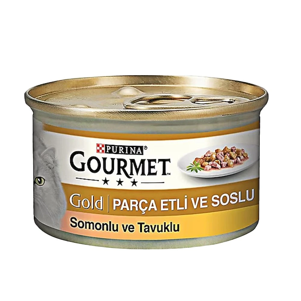 Gourmet Parça Etli Soslu Somonlu ve Tavuklu 85 gr Yetişkin Konserve Kedi Maması