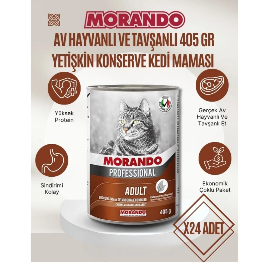 Morando Kedi Maması Av Etli & Tavşanlı Parçacıklı 405 gr x 24 Adet Konserve