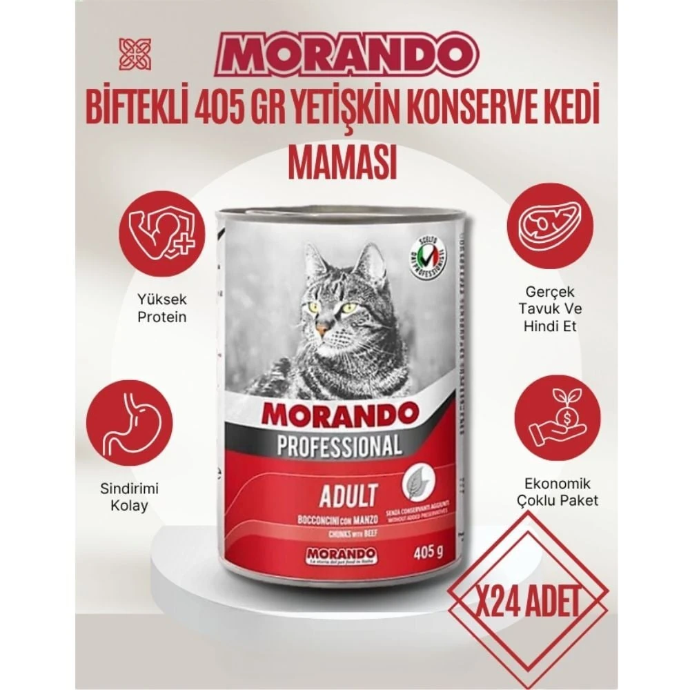 Morando Kedi Maması Biftek Parçacıklı 405 gr x 24 Adet Konserve