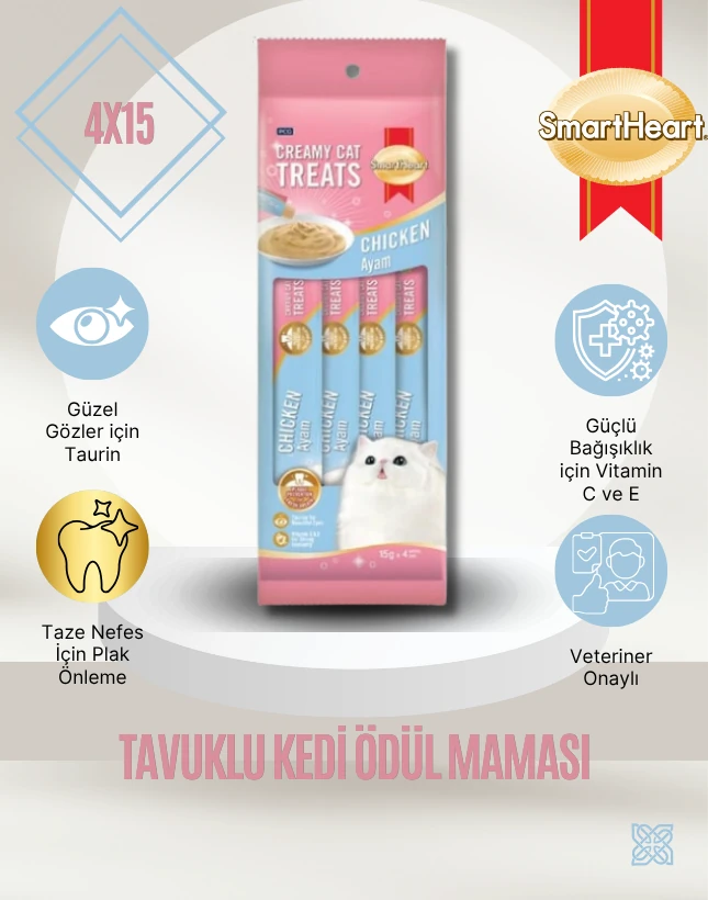 SmartHeart Gold Creamy Cat Treats Tavuklu Kedi Ödül Maması 4x15g – Kremsi ve Lezzetli Atıştırmalık