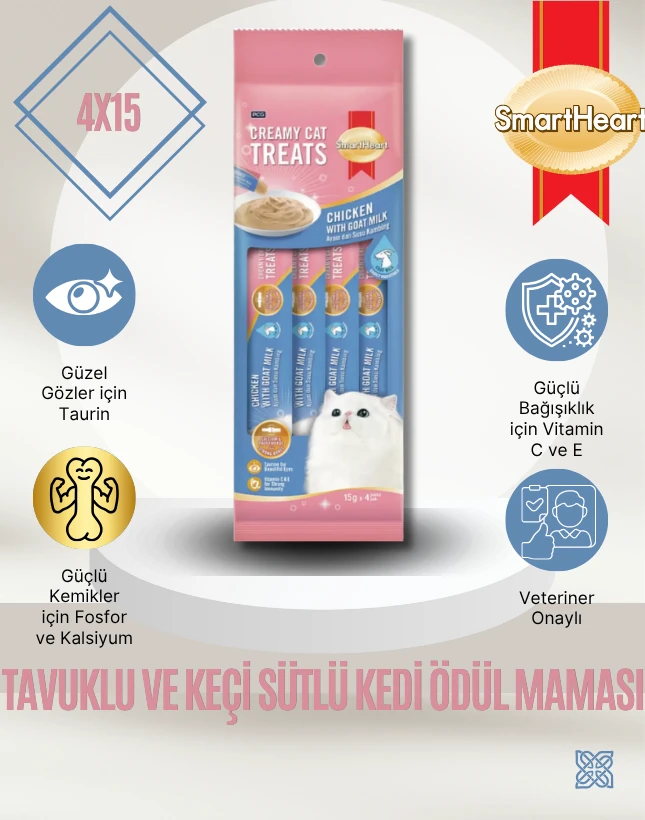 SmartHeart Gold Creamy Cat Treats Tavuklu ve Keçi Sütlü Kedi Ödül Maması 4x15g – Protein ve Kalsiyum Kaynağı Lezzet