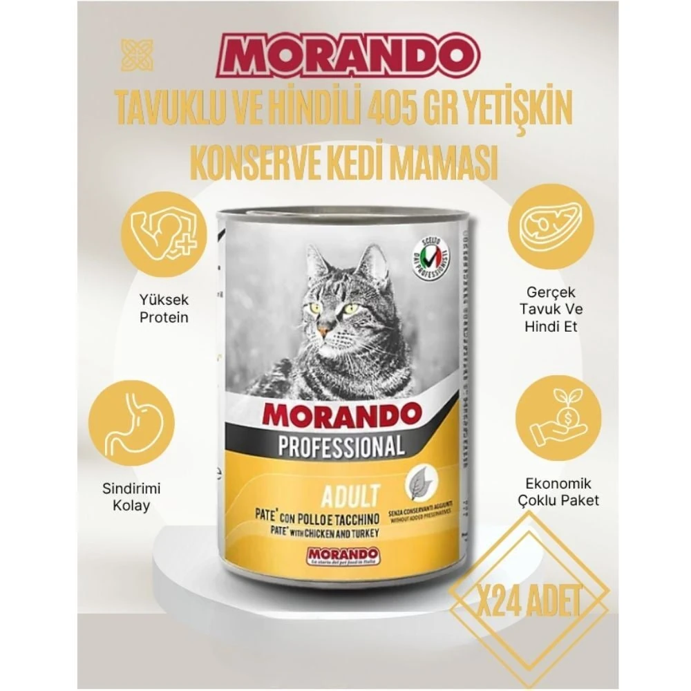 Morando Kedi Maması Tavuklu & Hindili Parçacıklı 405 gr x 24 Adet Konserve