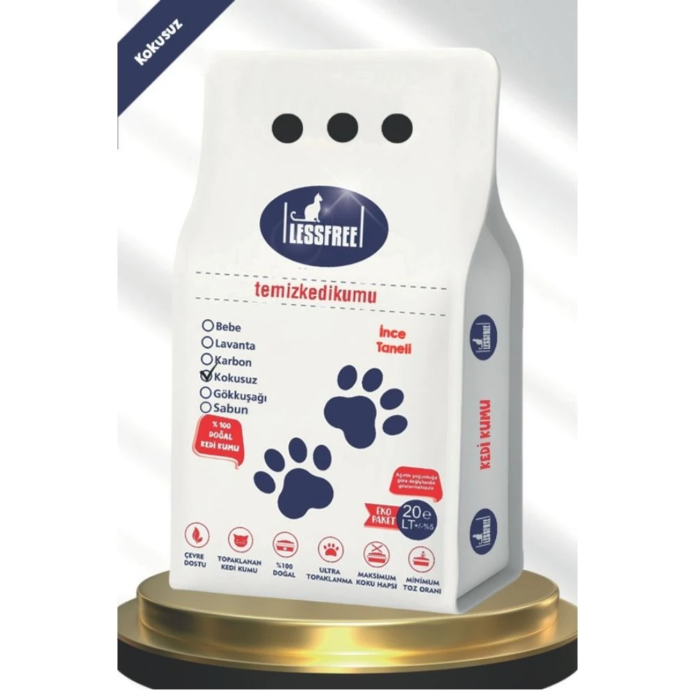 Less Free 20 Lt İnce Tane Kokusuz Naturel Beyaz Bentonit Kedi Kumu