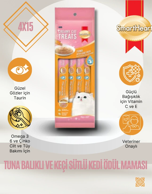 SmartHeart Gold Creamy Cat Treats Tuna Balıklı ve Keçi Sütlü Kedi Ödül Maması 4x15g – Lezzetli ve Besleyici Atıştırmalık