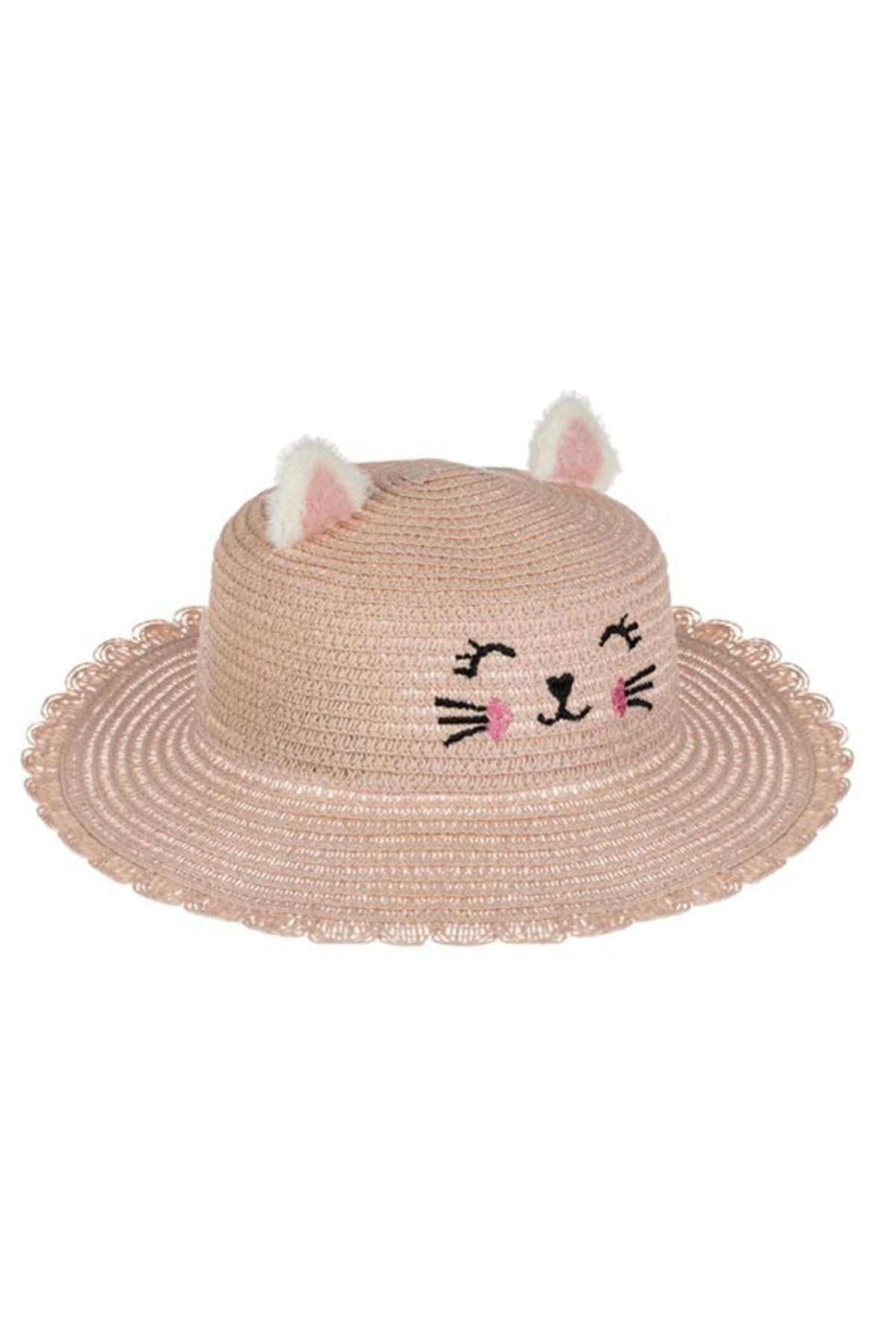 Pembe Kulaklı Kedi Çocuk Şapka Seti Şapka ve Hasır Çanta