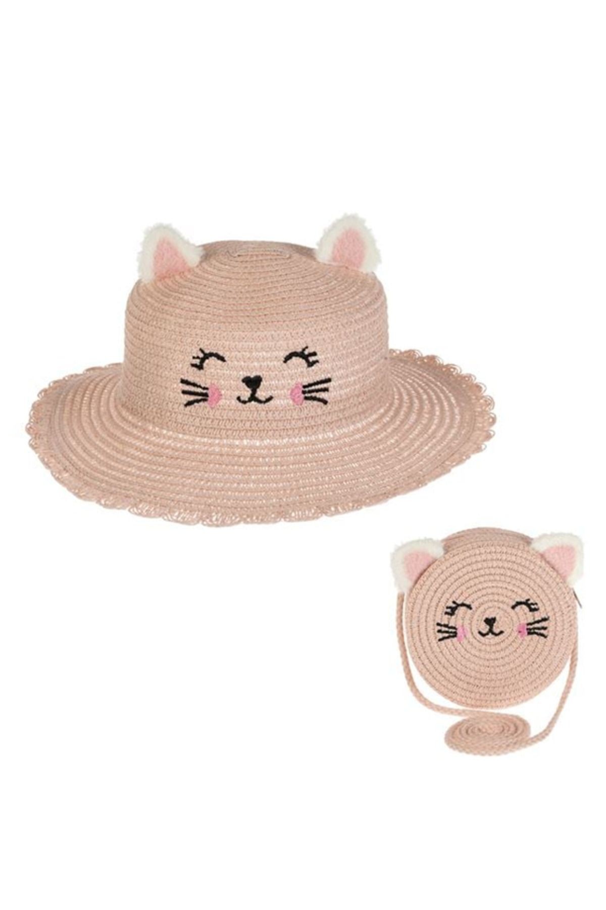 Pembe Kulaklı Kedi Çocuk Şapka Seti Şapka ve Hasır Çanta