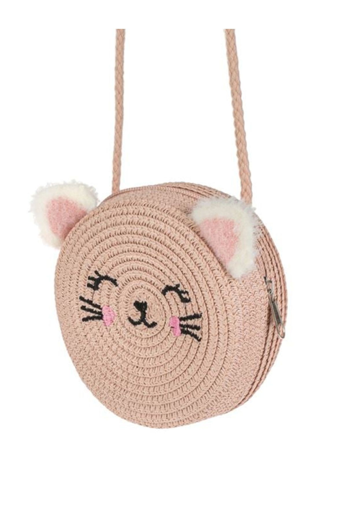 Pembe Kulaklı Kedi Çocuk Şapka Seti Şapka ve Hasır Çanta