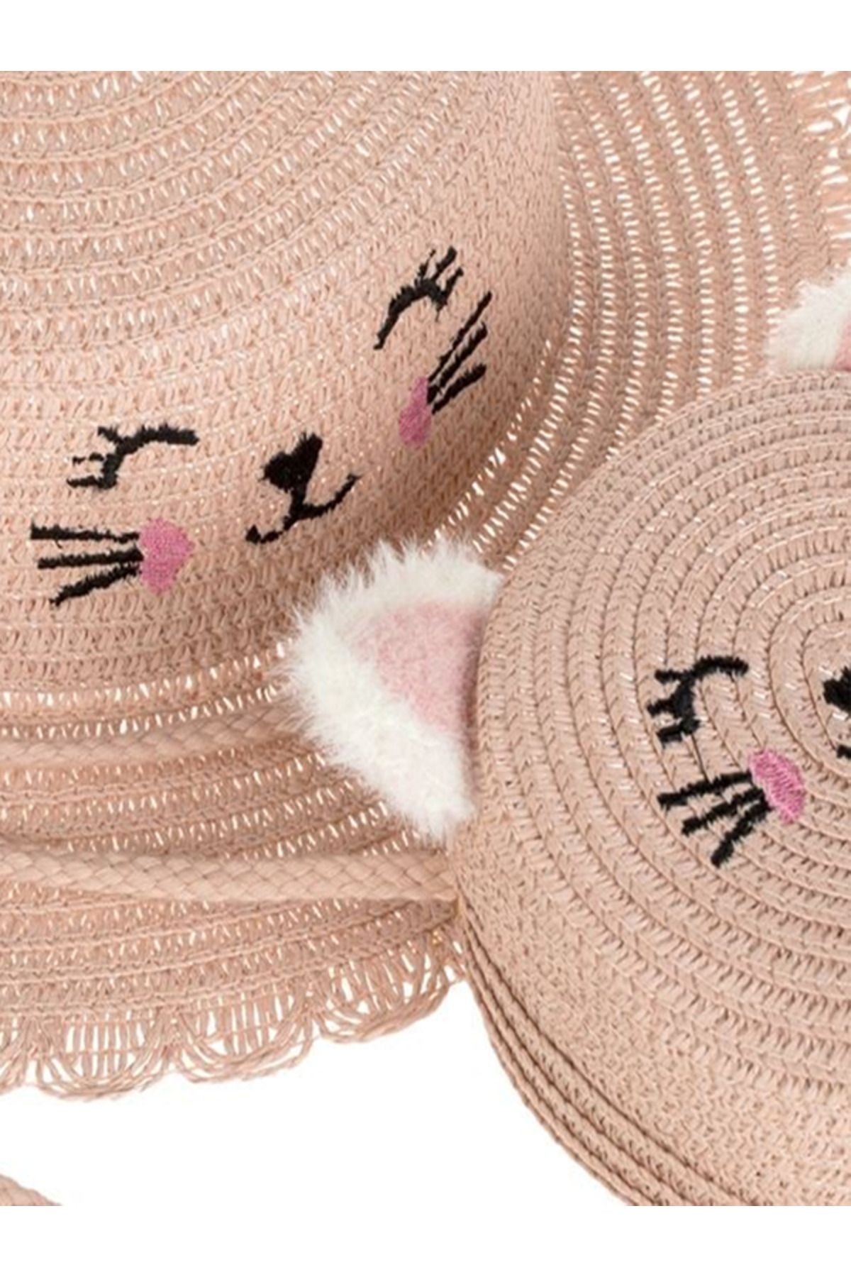 Pembe Kulaklı Kedi Çocuk Şapka Seti Şapka ve Hasır Çanta