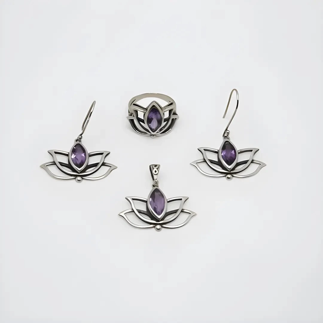 Lotus Çiçeği Ametist Taşlı Takım