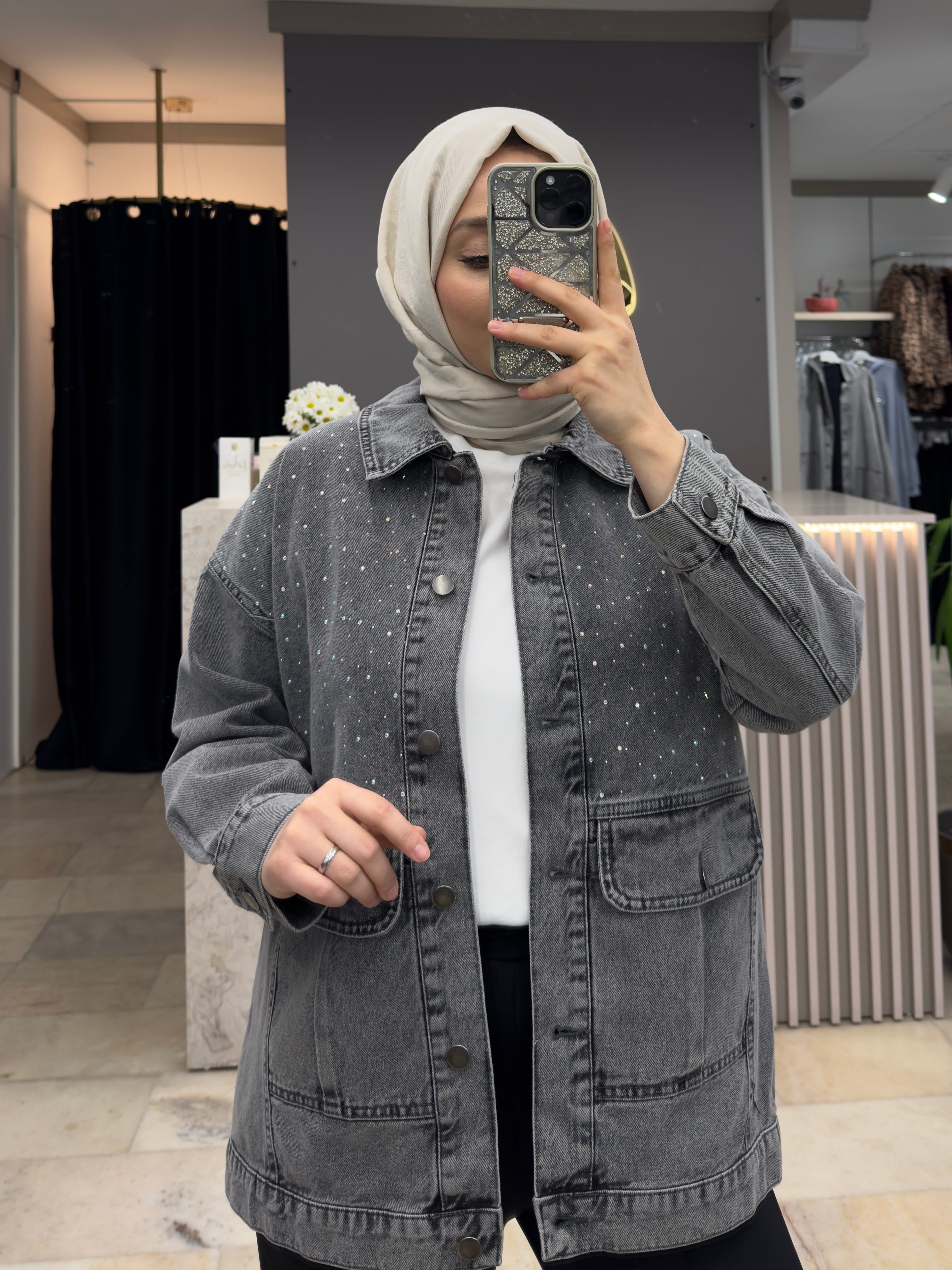 SERPME TAŞ DETAYLI DENİM CEKET