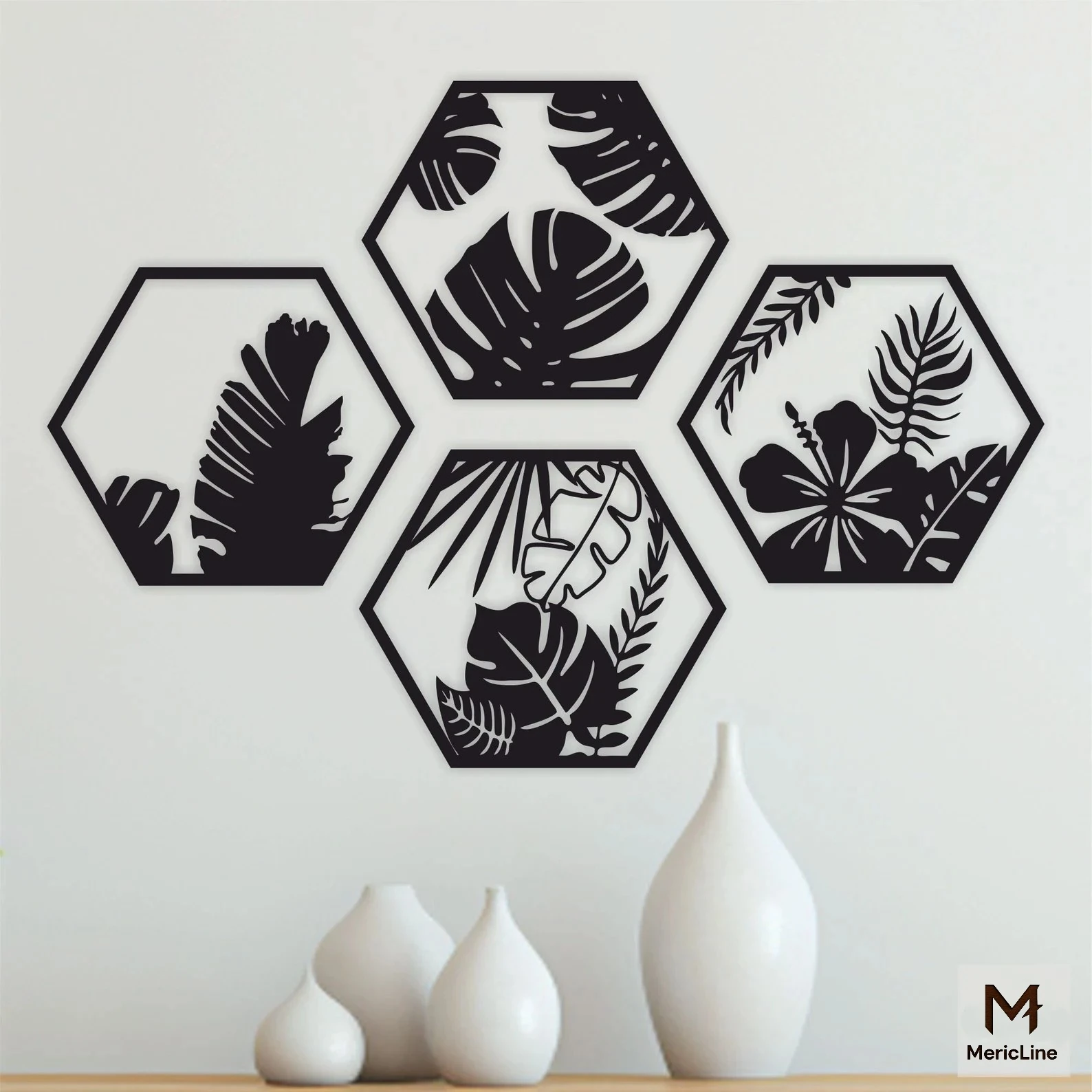 MericLine Nature Hexa – 4 Parça Yaprak Desenli Duvar Dekoru