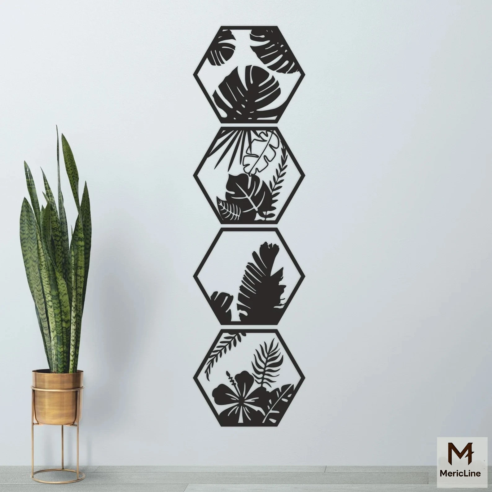 MericLine Nature Hexa – 4 Parça Yaprak Desenli Duvar Dekoru