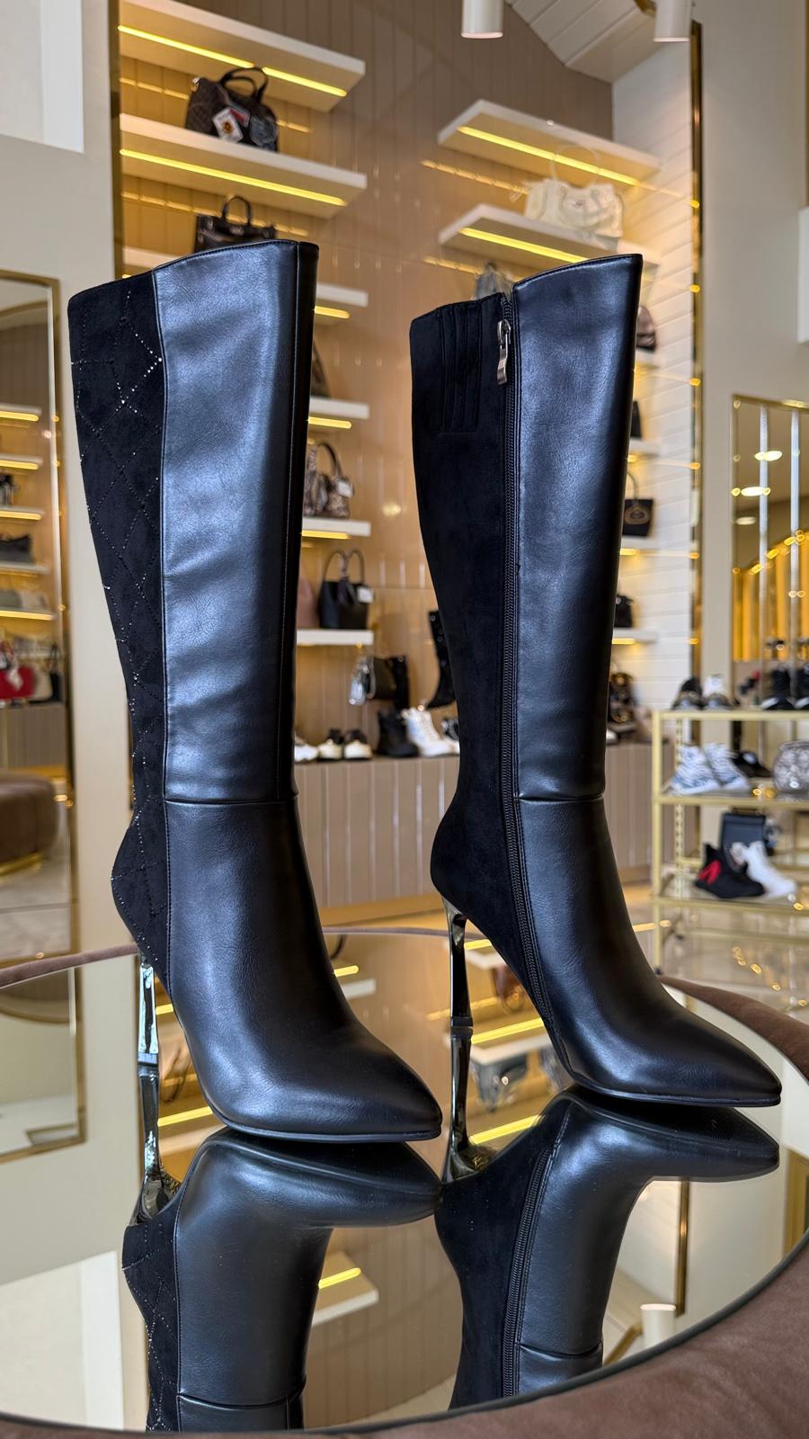 İthal Metal Topuk Cilt-Süet Taşlı Çizme -3003-