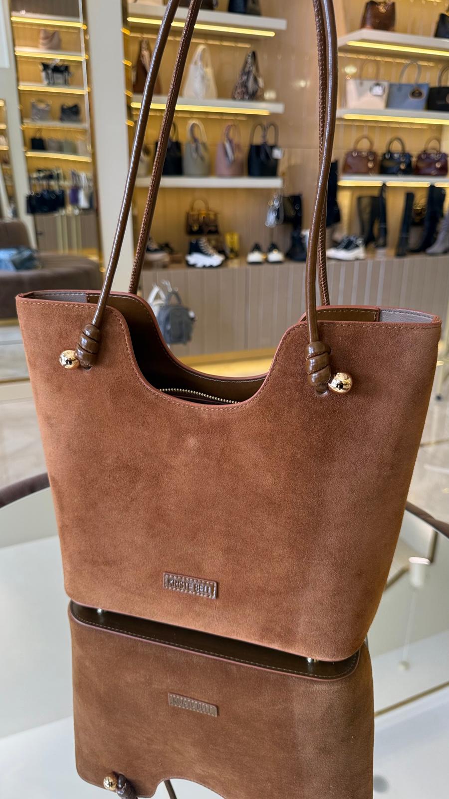 İthal Süet-Cilt İkili Kadın Omuz Çantası -7459-