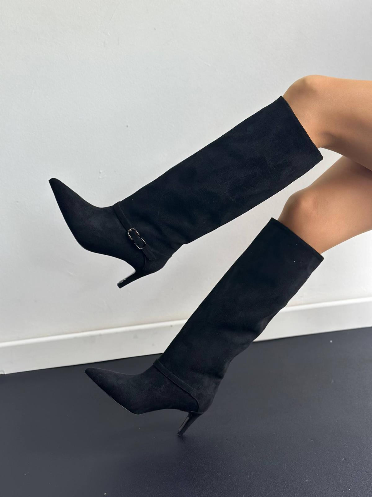 İthal Süet Kısa Topuk Kemer Detaylı Kadın Çizme