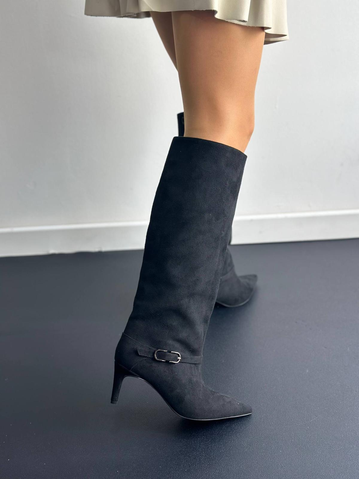 İthal Süet Kısa Topuk Kemer Detaylı Kadın Çizme