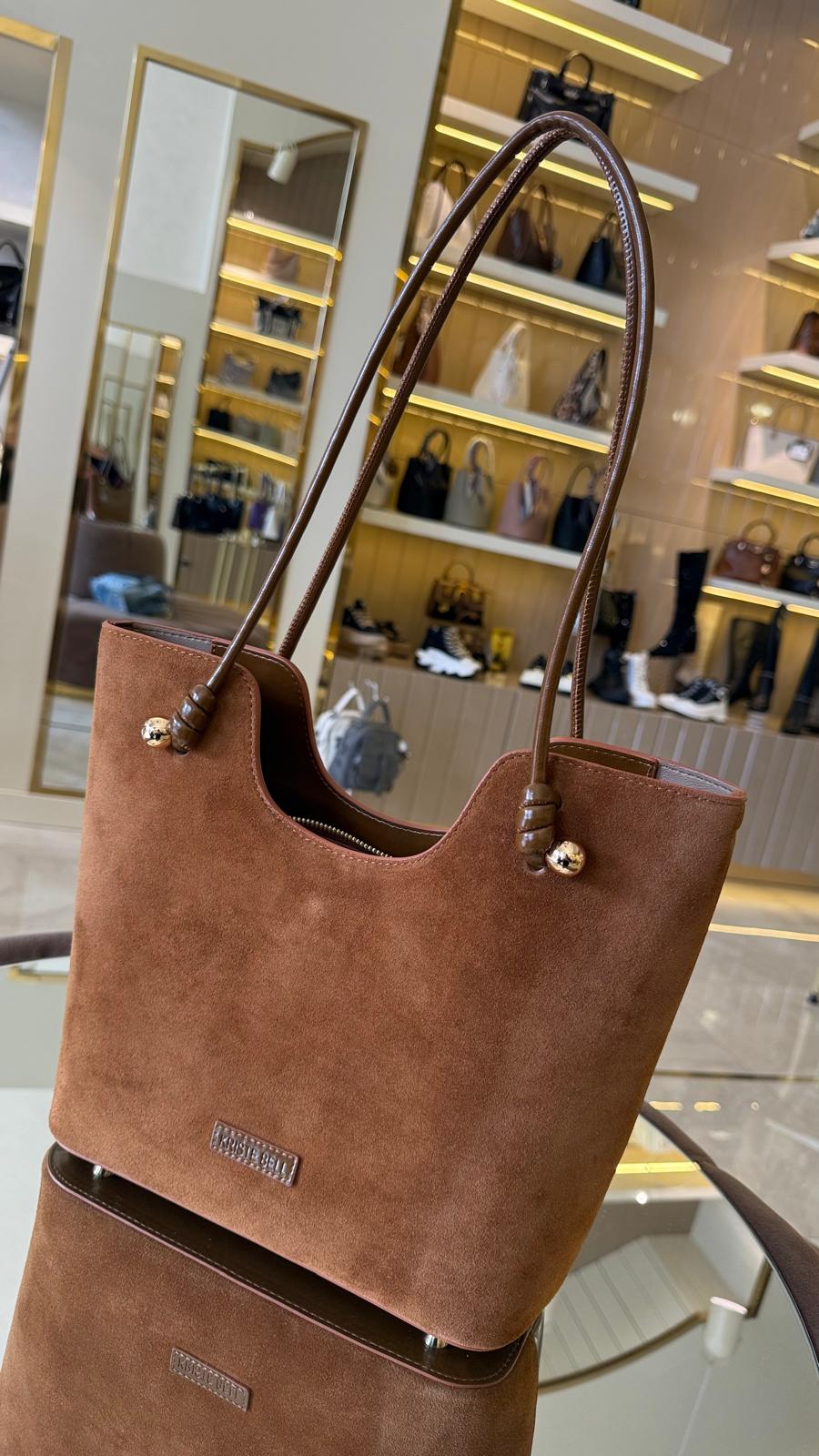 İthal Süet-Cilt İkili Kadın Omuz Çantası -7459-