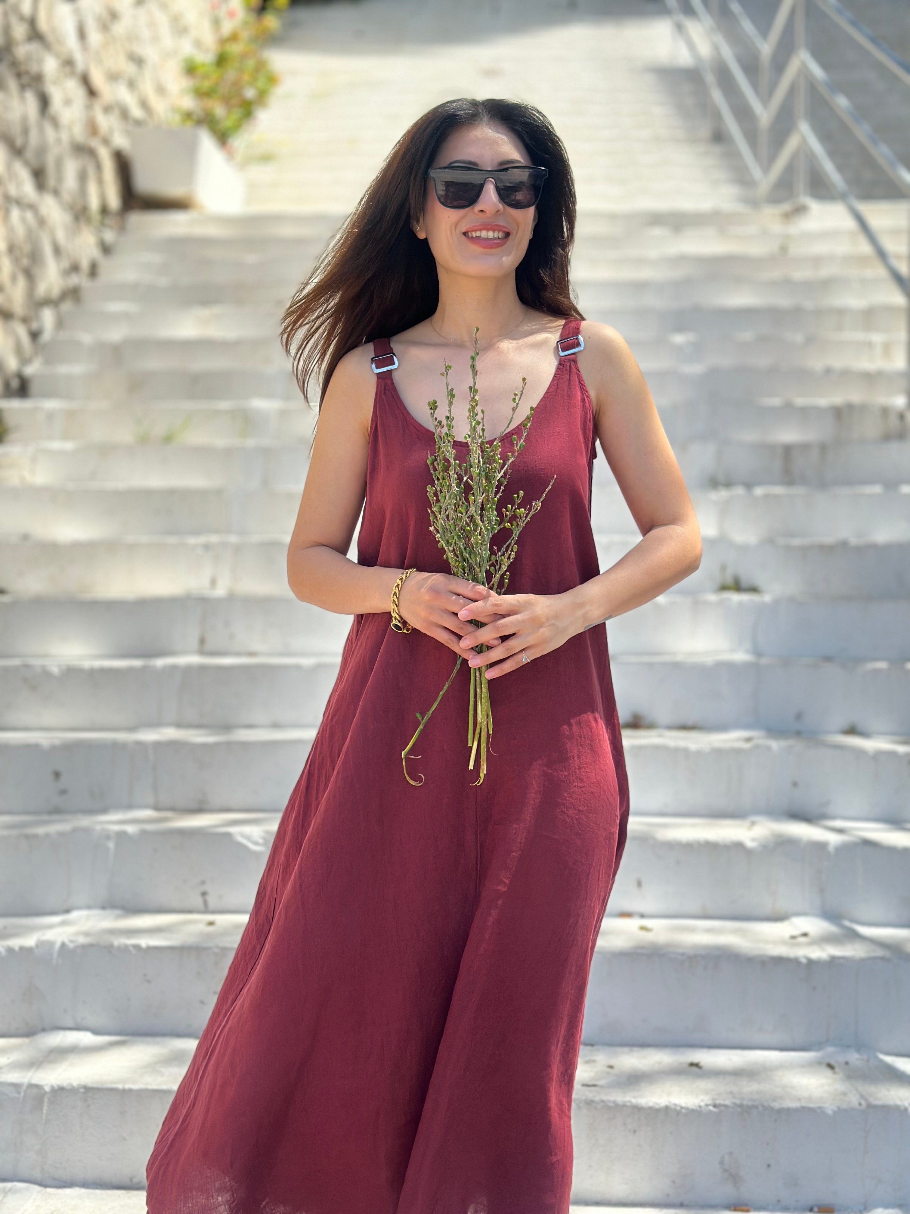 Ham Keten Askılı Elbise - Bordo