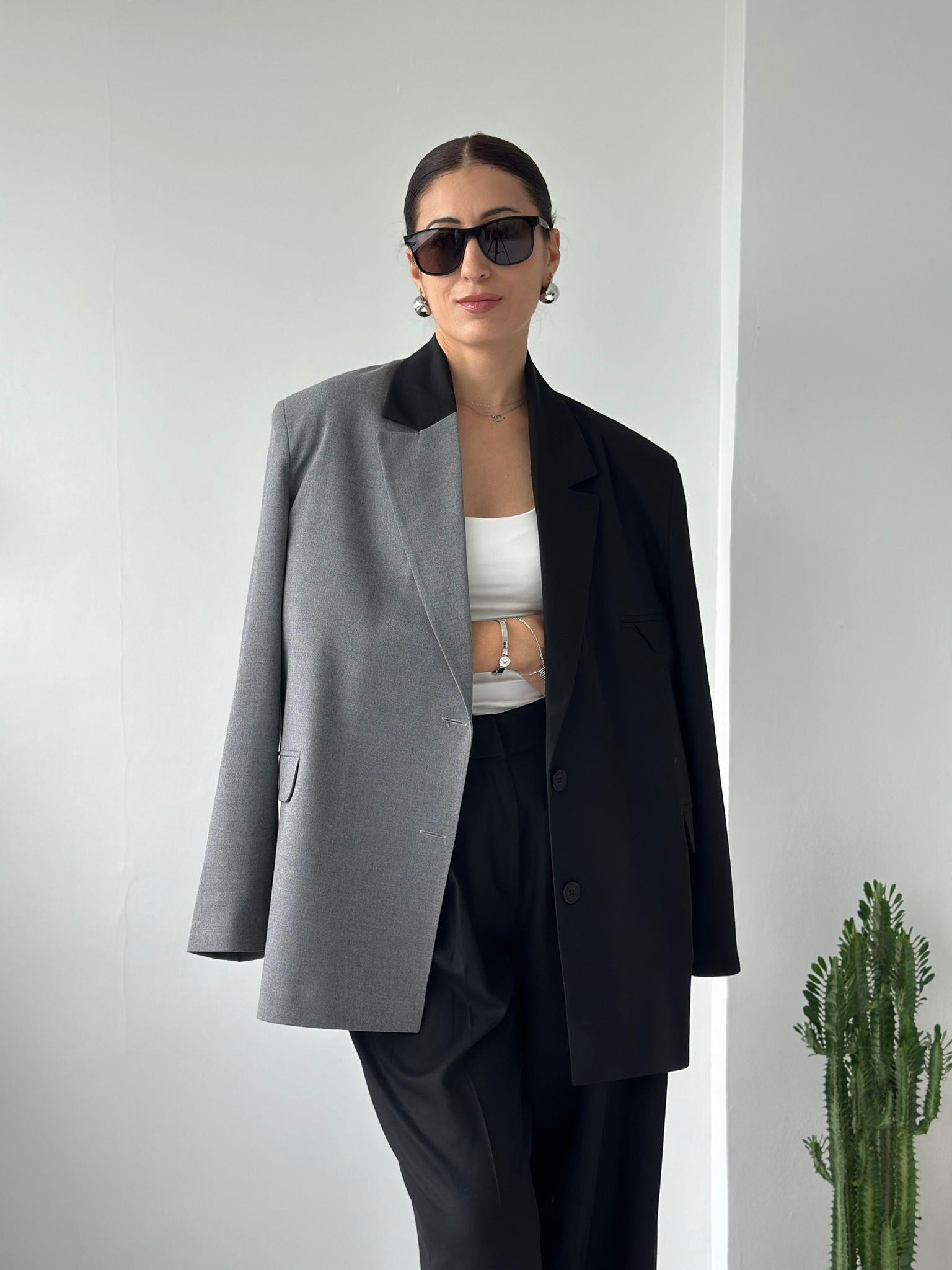 Oversize Hybrid Blazer Siyah/ Gri Detay