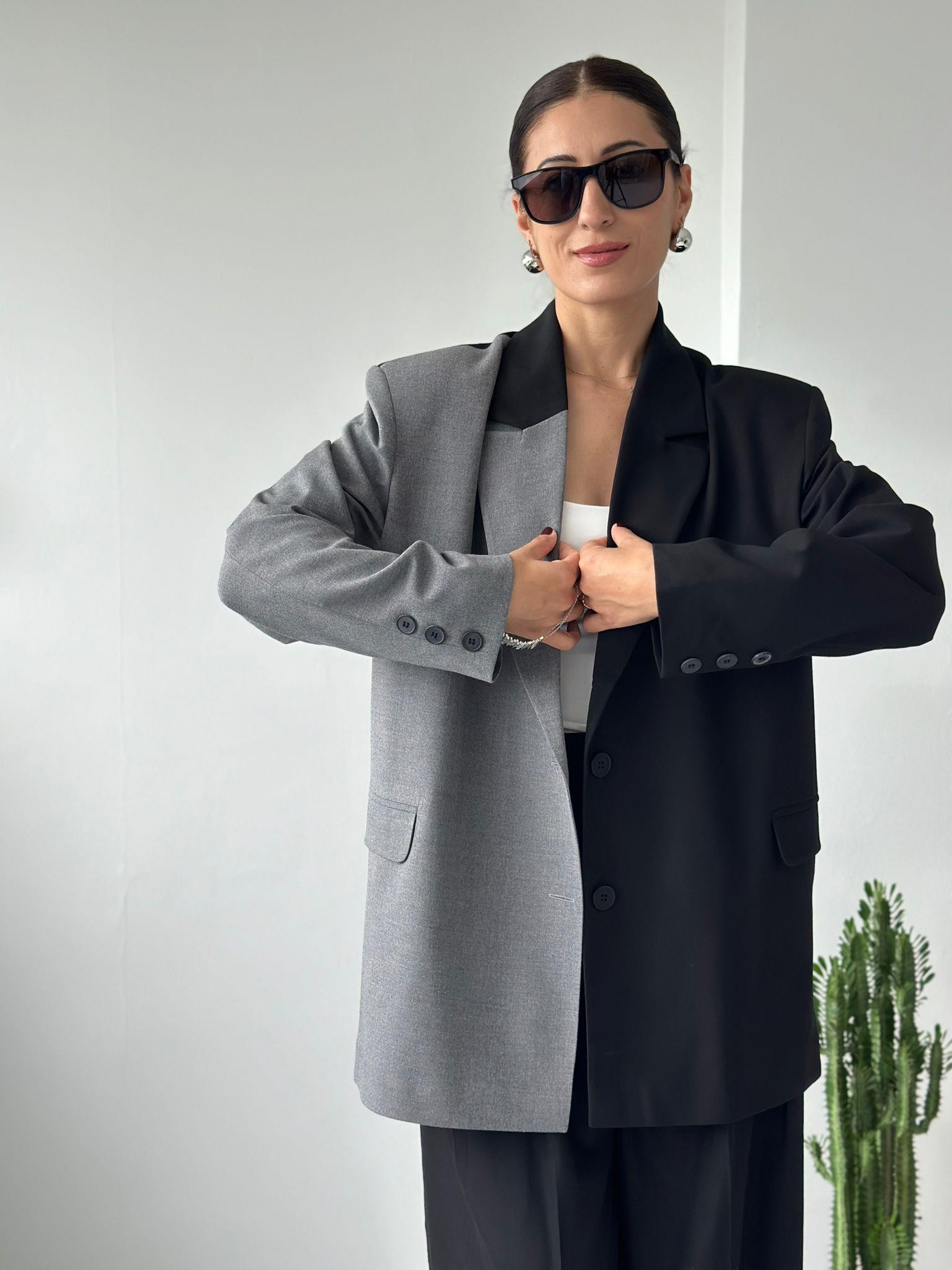 Oversize Hybrid Blazer Siyah/ Gri Detay