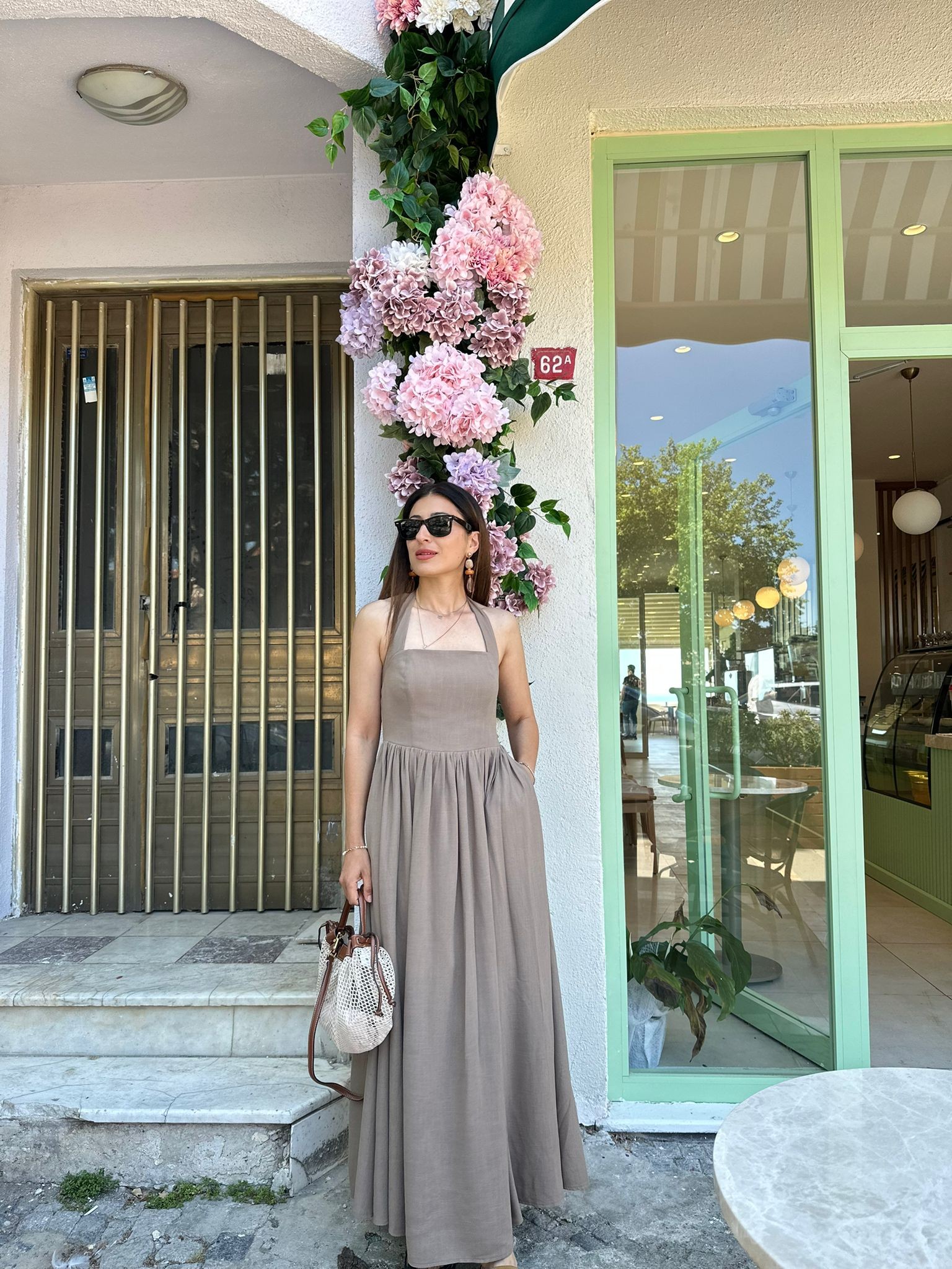 Keten Boyundan Bağlamalı Maxi Elbise / Kahve