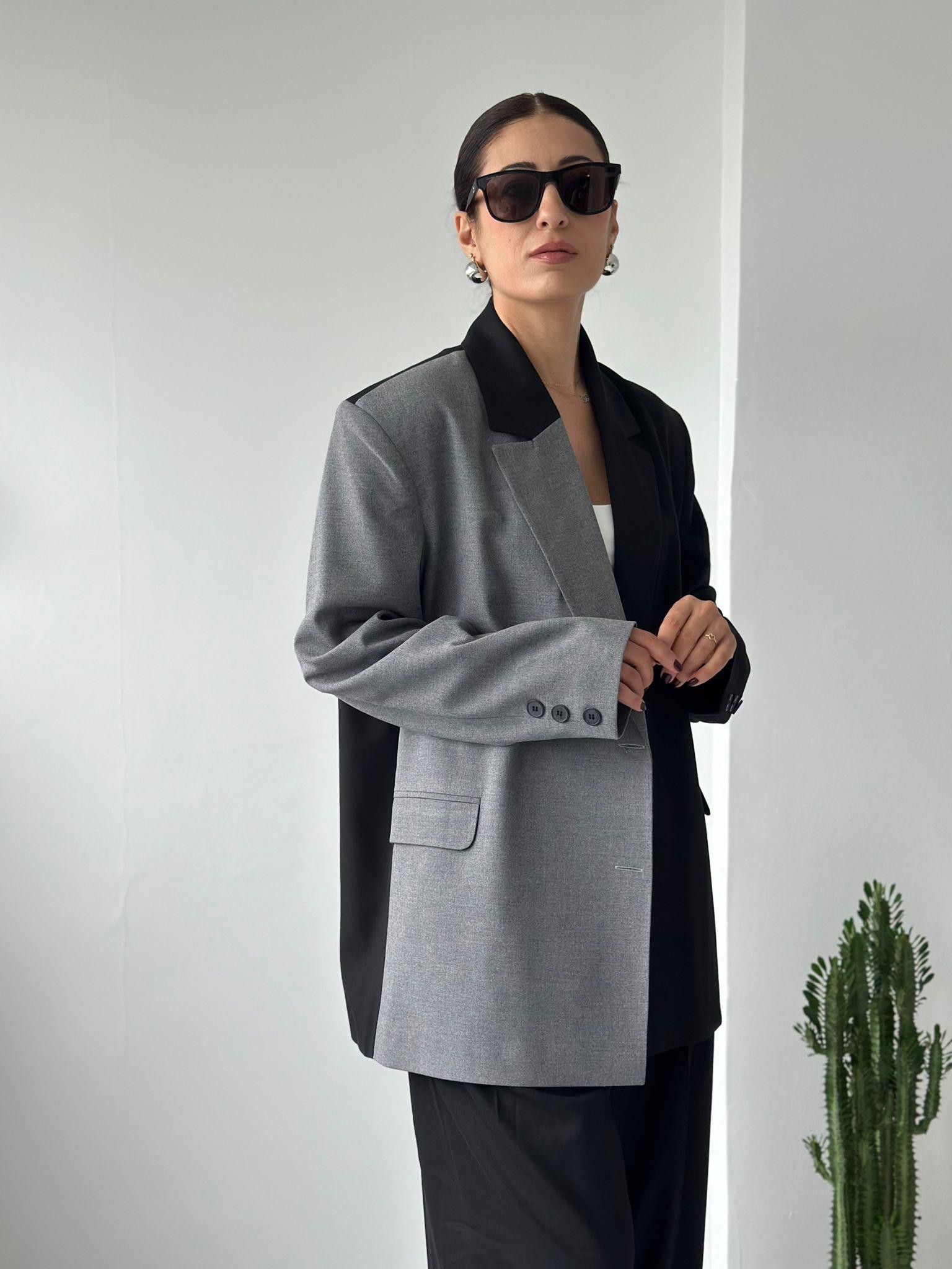 Oversize Hybrid Blazer Siyah/ Gri Detay