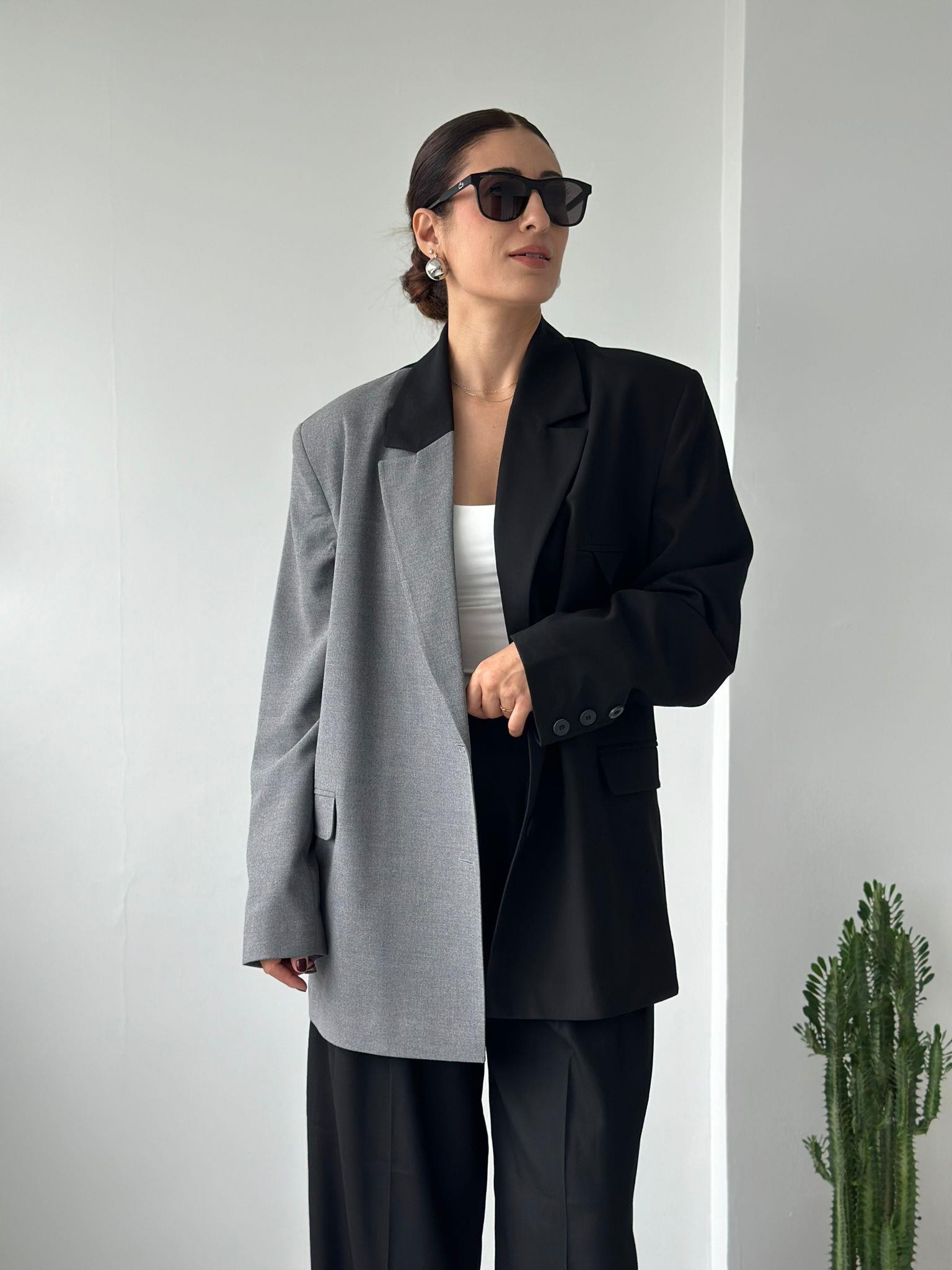 Oversize Hybrid Blazer Siyah/ Gri Detay