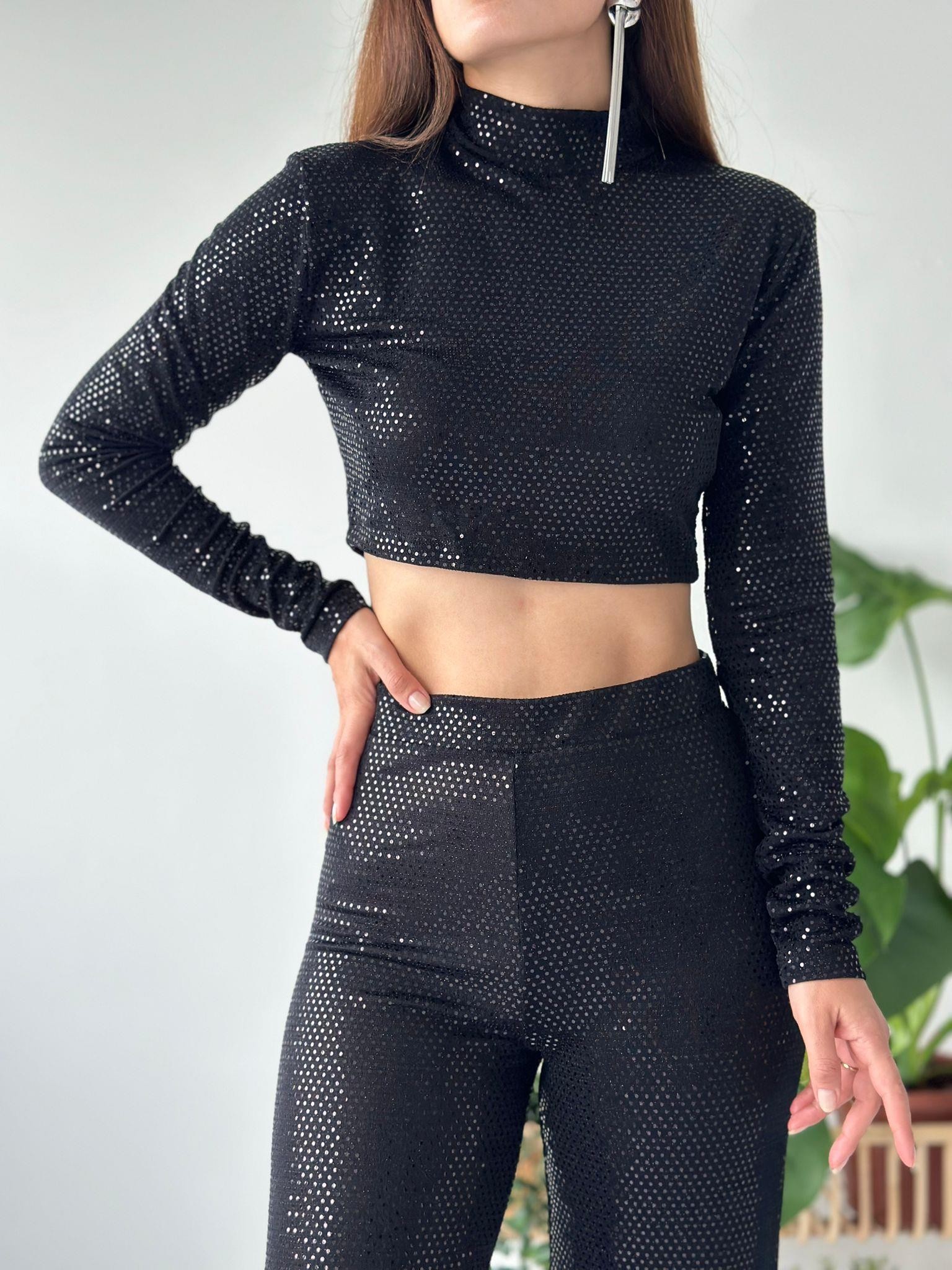 Payetli Fermuarlı Crop Top