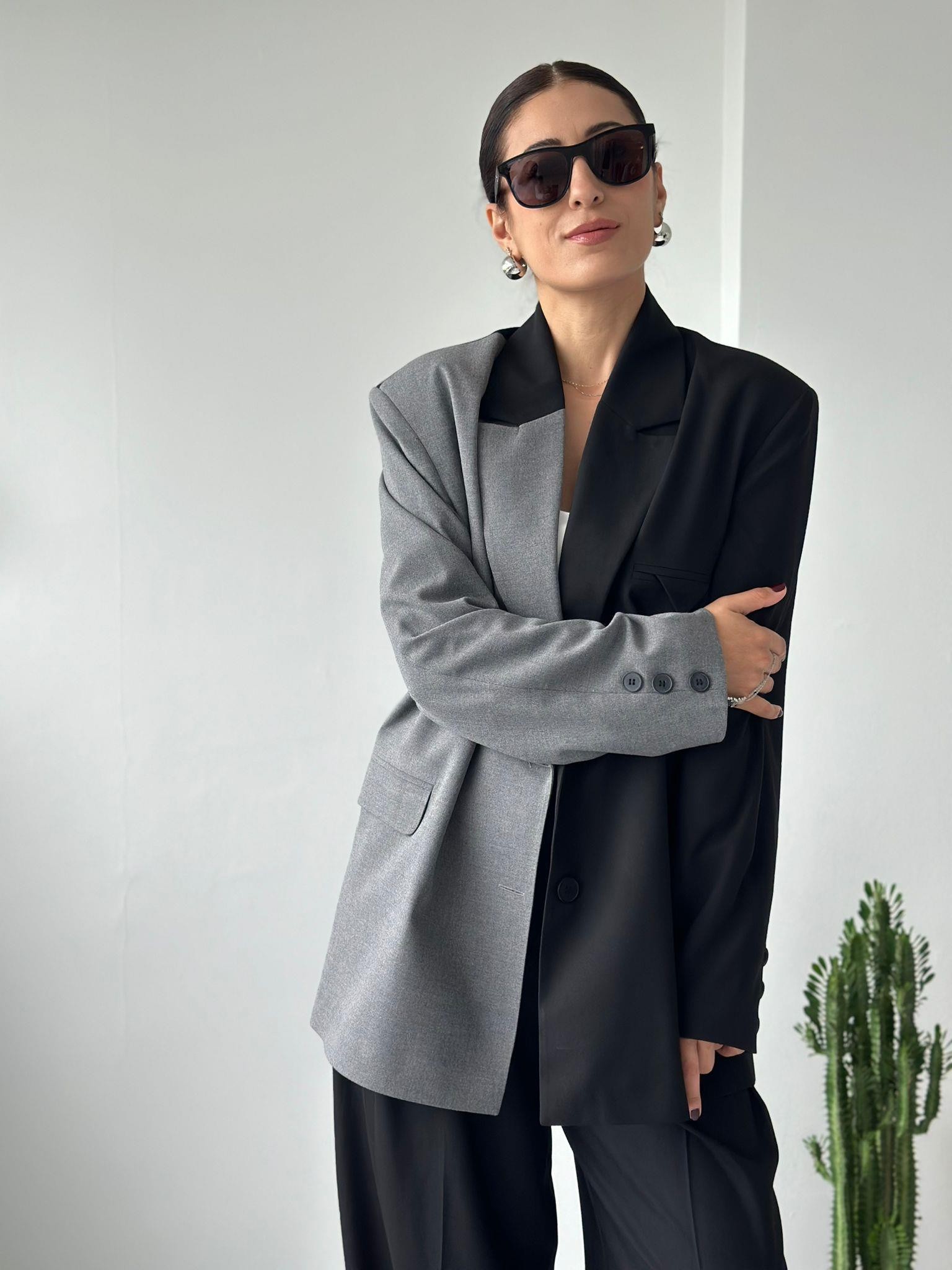 Oversize Hybrid Blazer Siyah/ Gri Detay