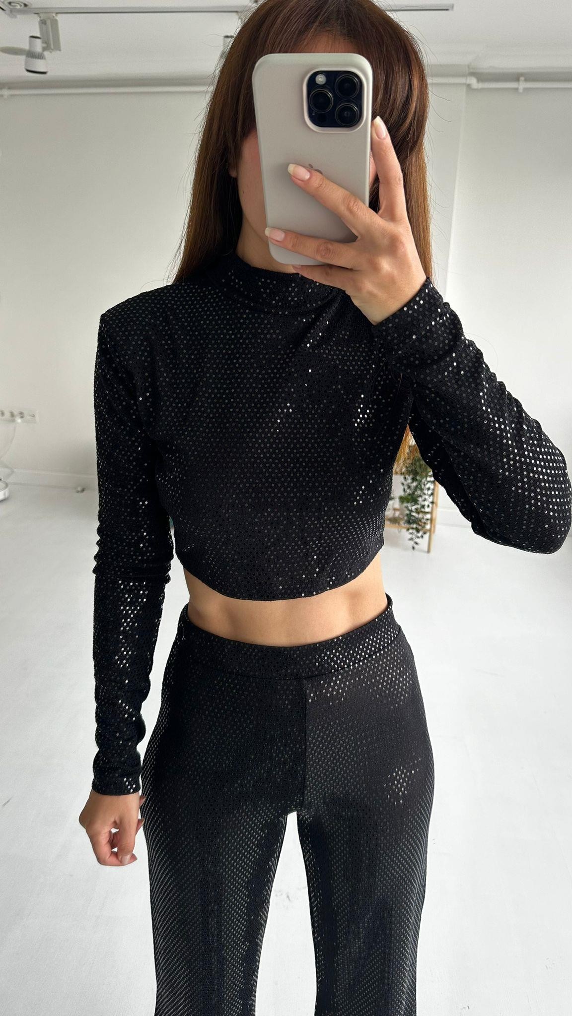 Payetli Fermuarlı Crop Top