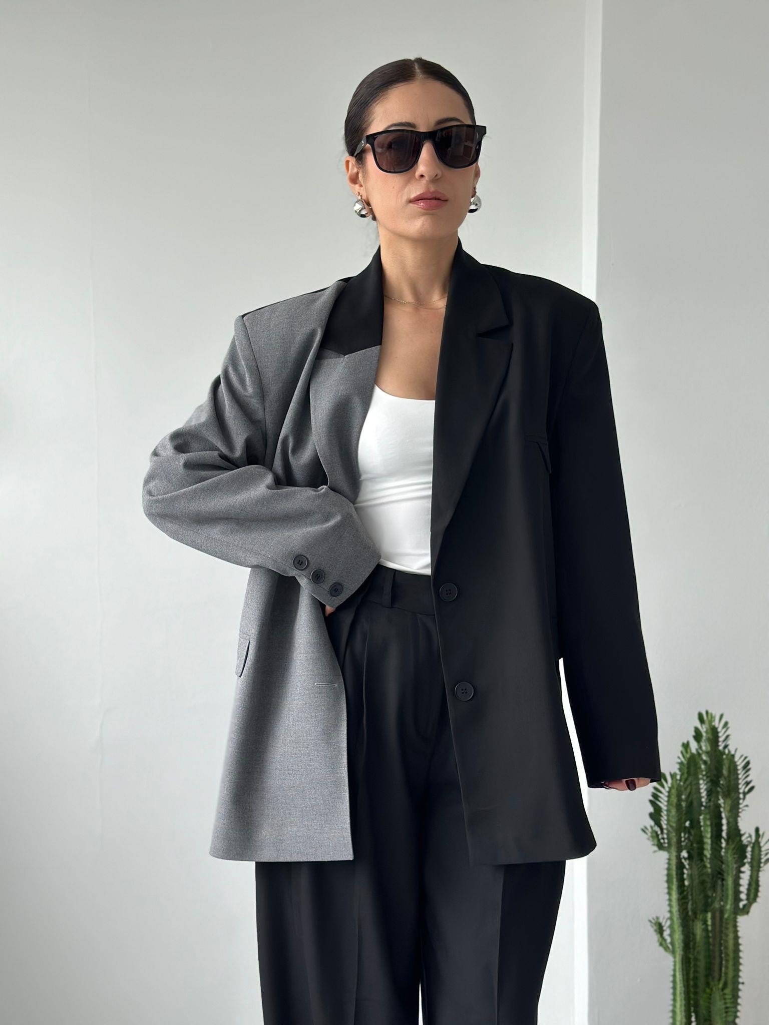 Oversize Hybrid Blazer Siyah/ Gri Detay