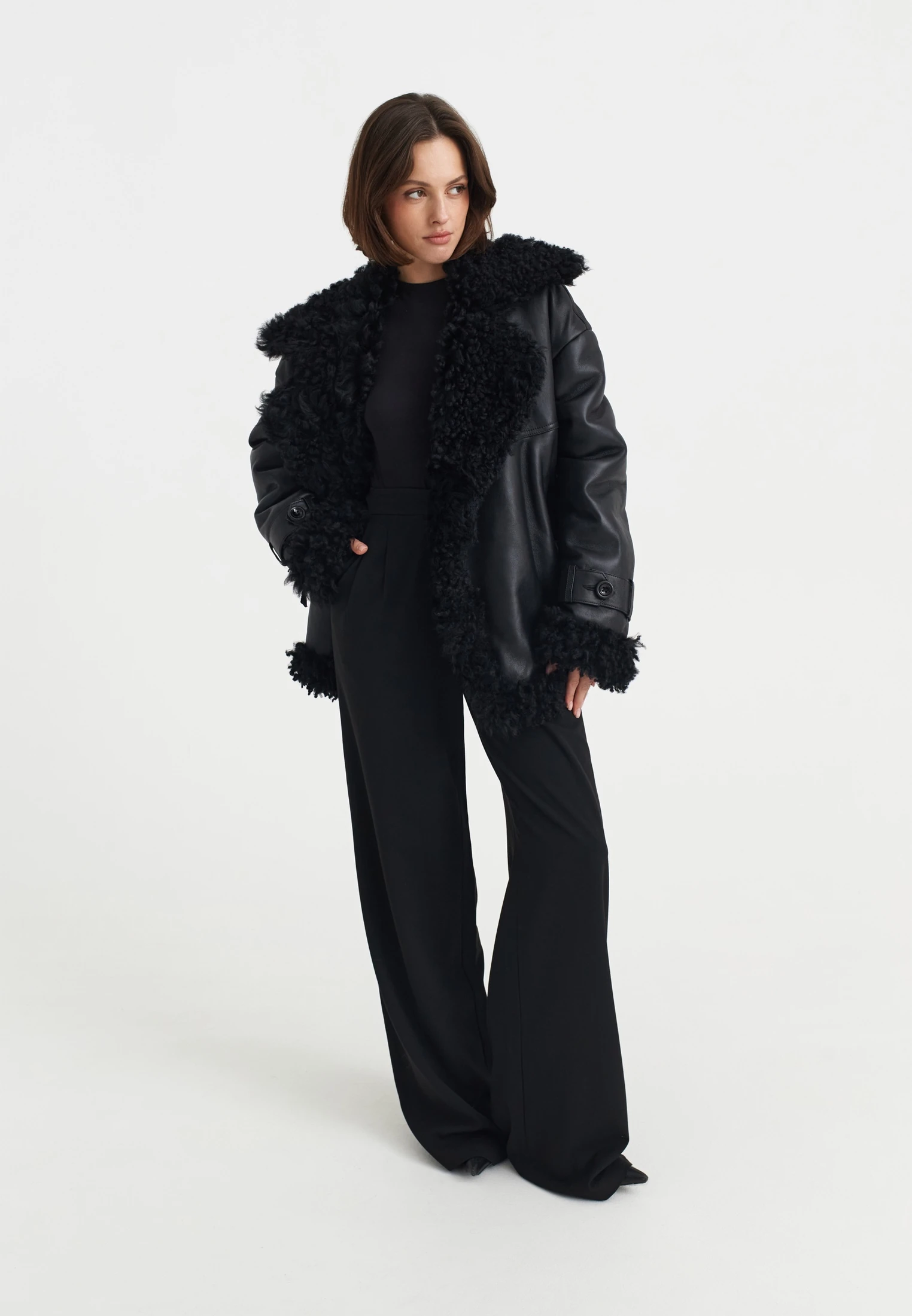 CINDERELLA - OVERSIZED FUR LINED SHORT LEATHER JACKET WITH BELT