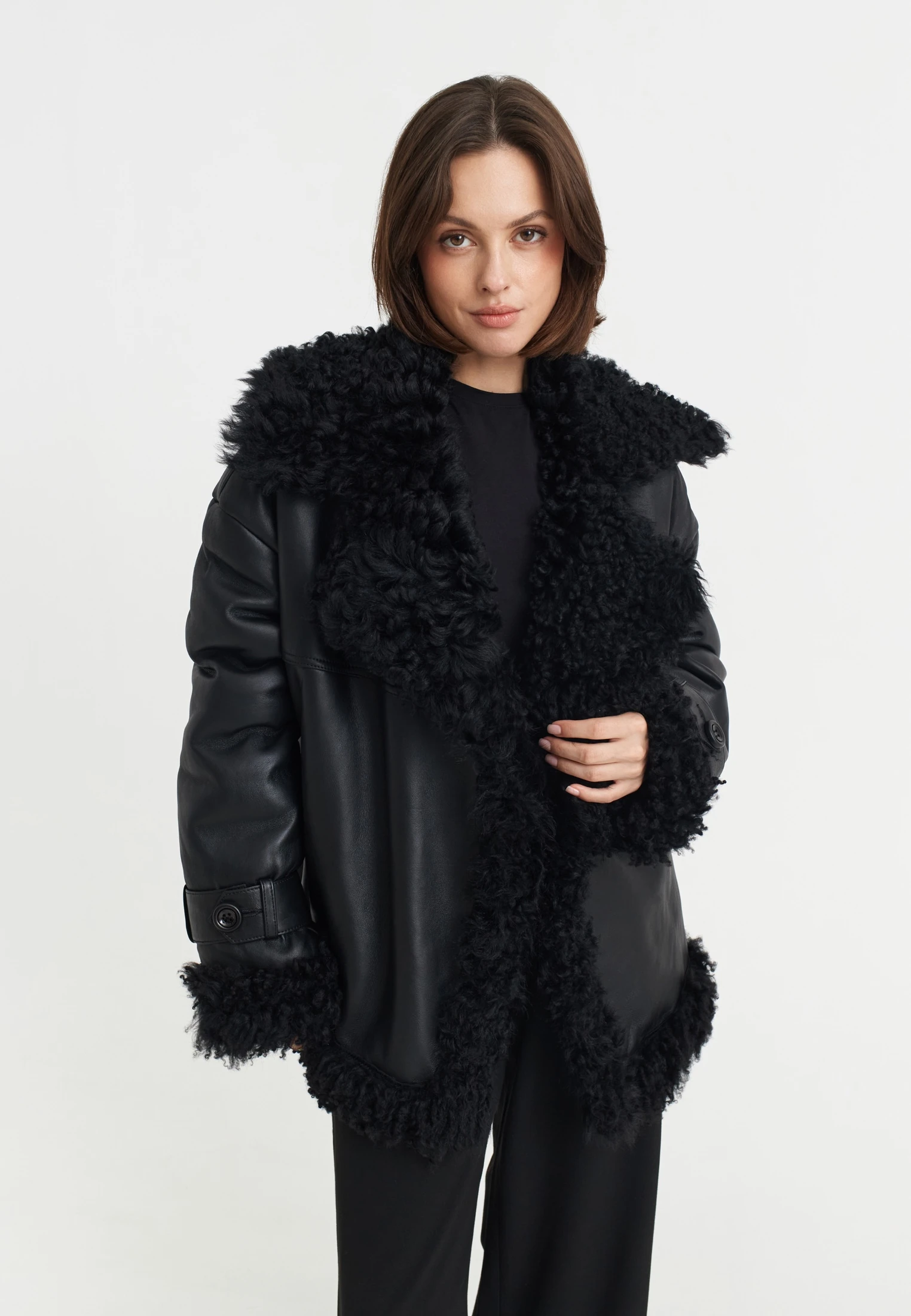 CINDERELLA - OVERSIZED FUR LINED SHORT LEATHER JACKET WITH BELT