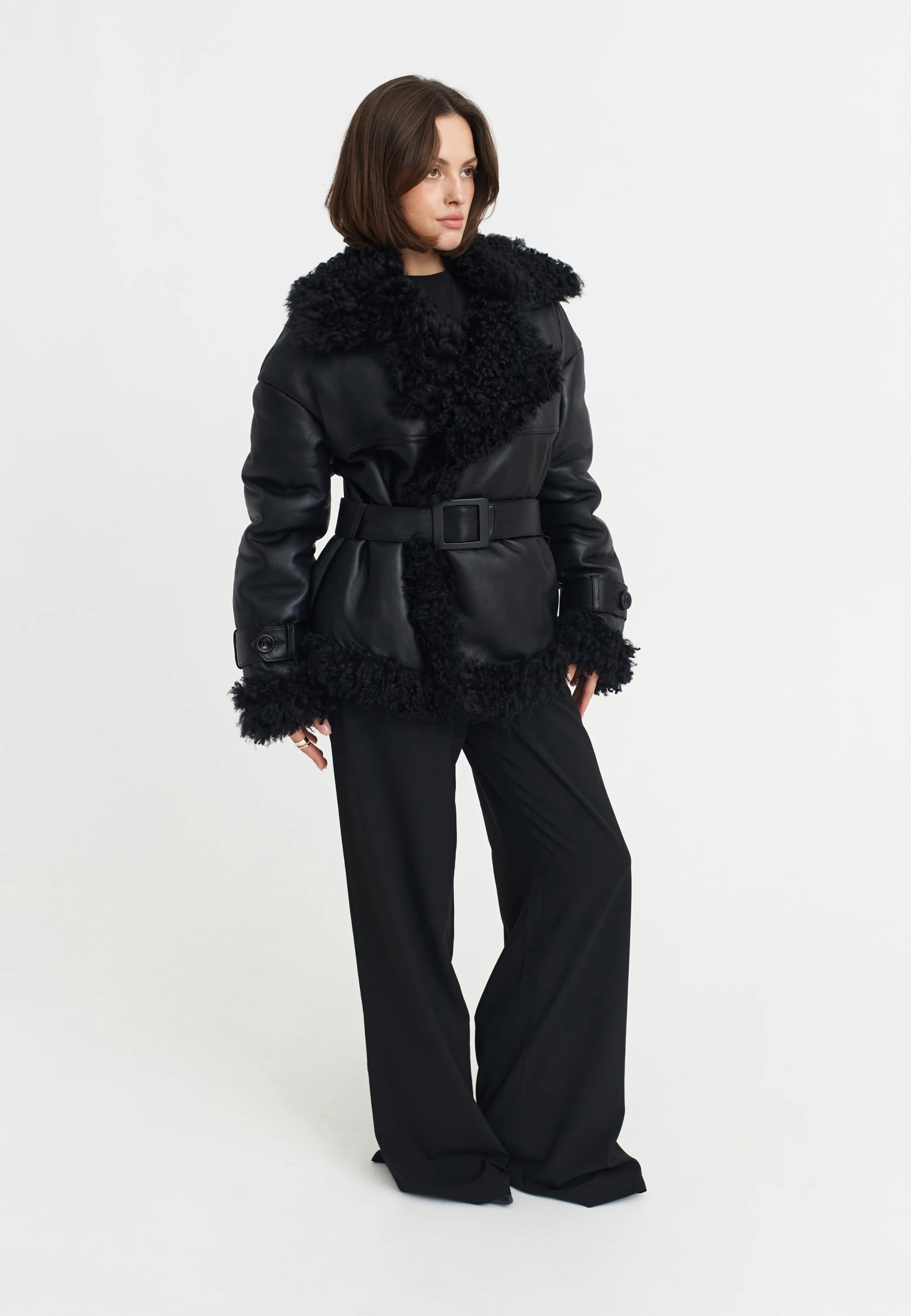 CINDERELLA - OVERSIZED FUR LINED SHORT LEATHER JACKET WITH BELT