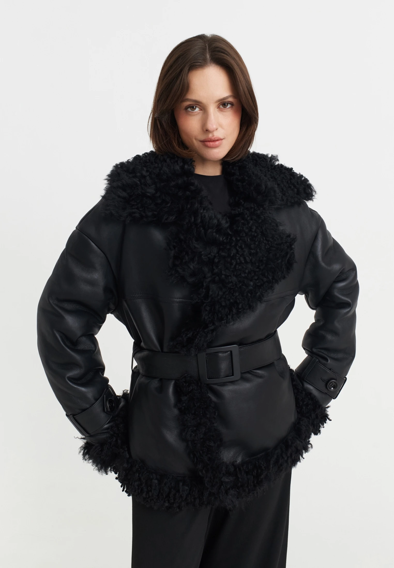 CINDERELLA - BÜYÜK BOY İÇİ KÜRKLÜ BELDEN KEMERL KISA DERİ MONT