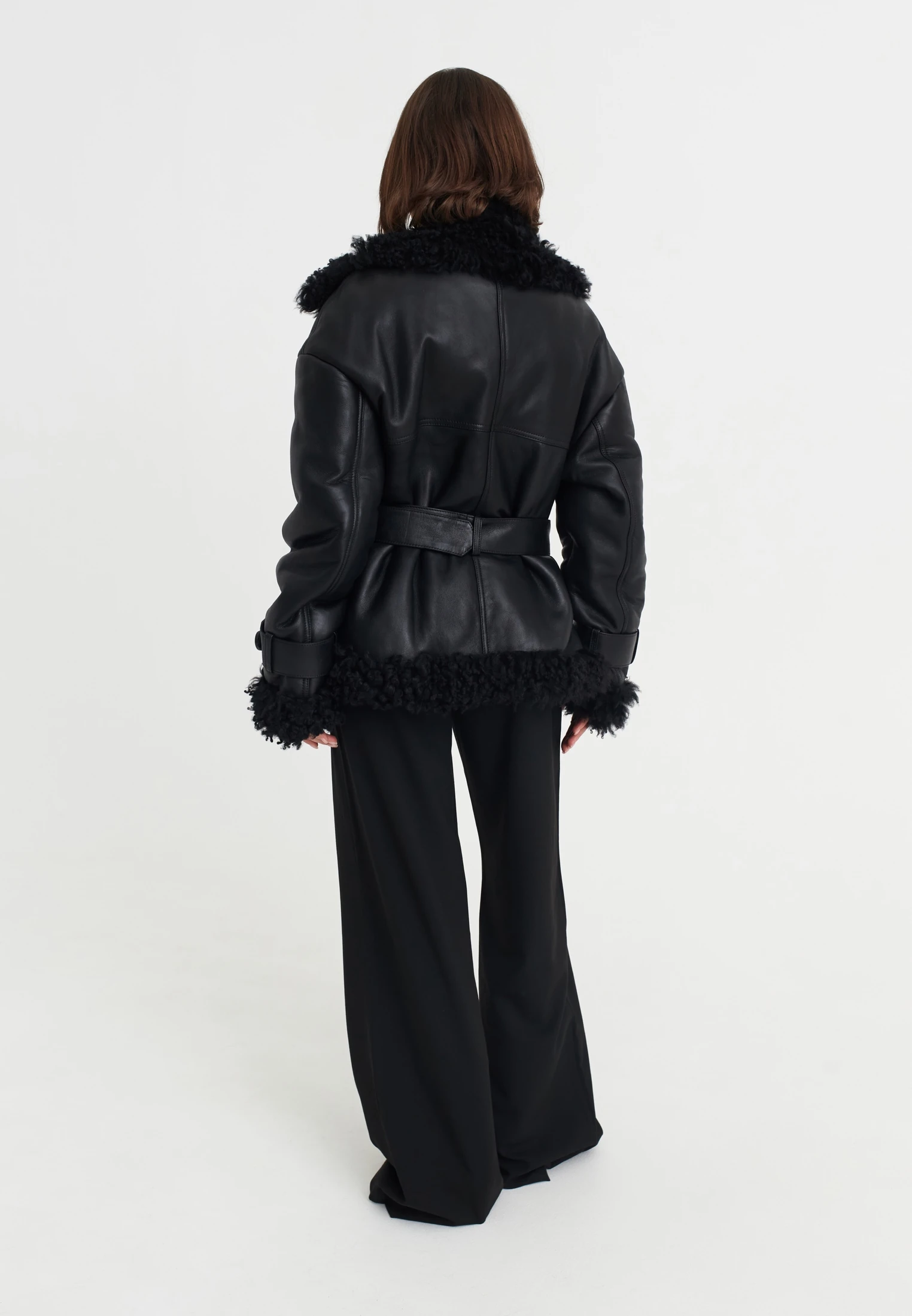 CINDERELLA - OVERSIZED FUR LINED SHORT LEATHER JACKET WITH BELT