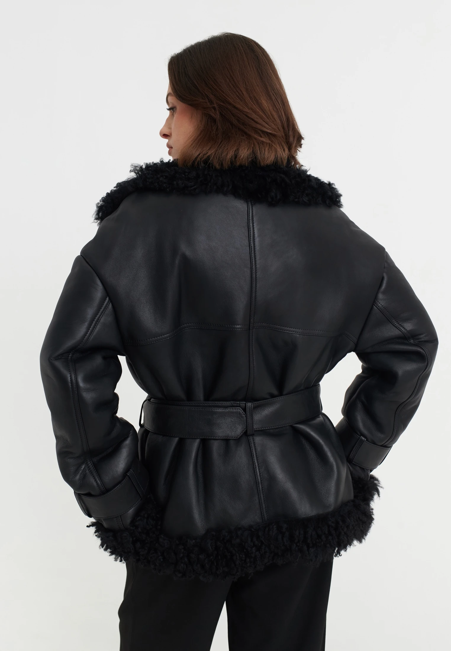 CINDERELLA - OVERSIZED FUR LINED SHORT LEATHER JACKET WITH BELT