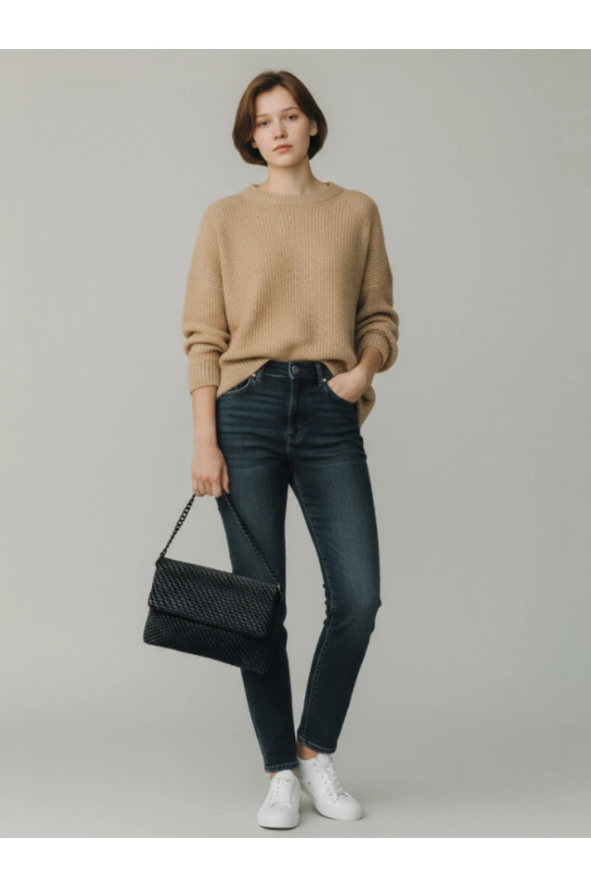 Siyah Örgü Desenli İthal Yumuşak Deri Kadın El ve Omuz Çantası – Çapraz Askılı Şık Model