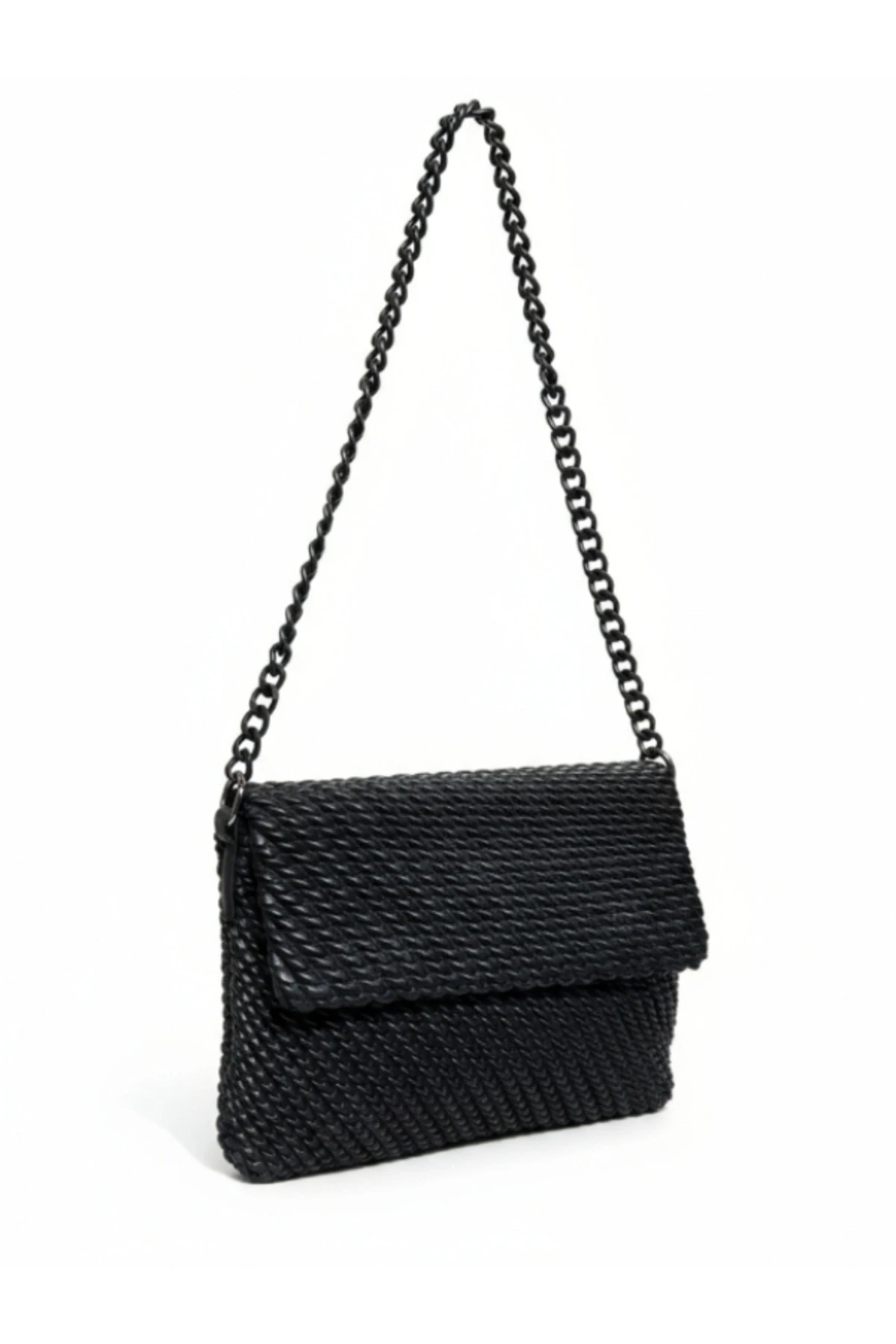Siyah Örgü Desenli İthal Yumuşak Deri Kadın El ve Omuz Çantası – Çapraz Askılı Şık Model