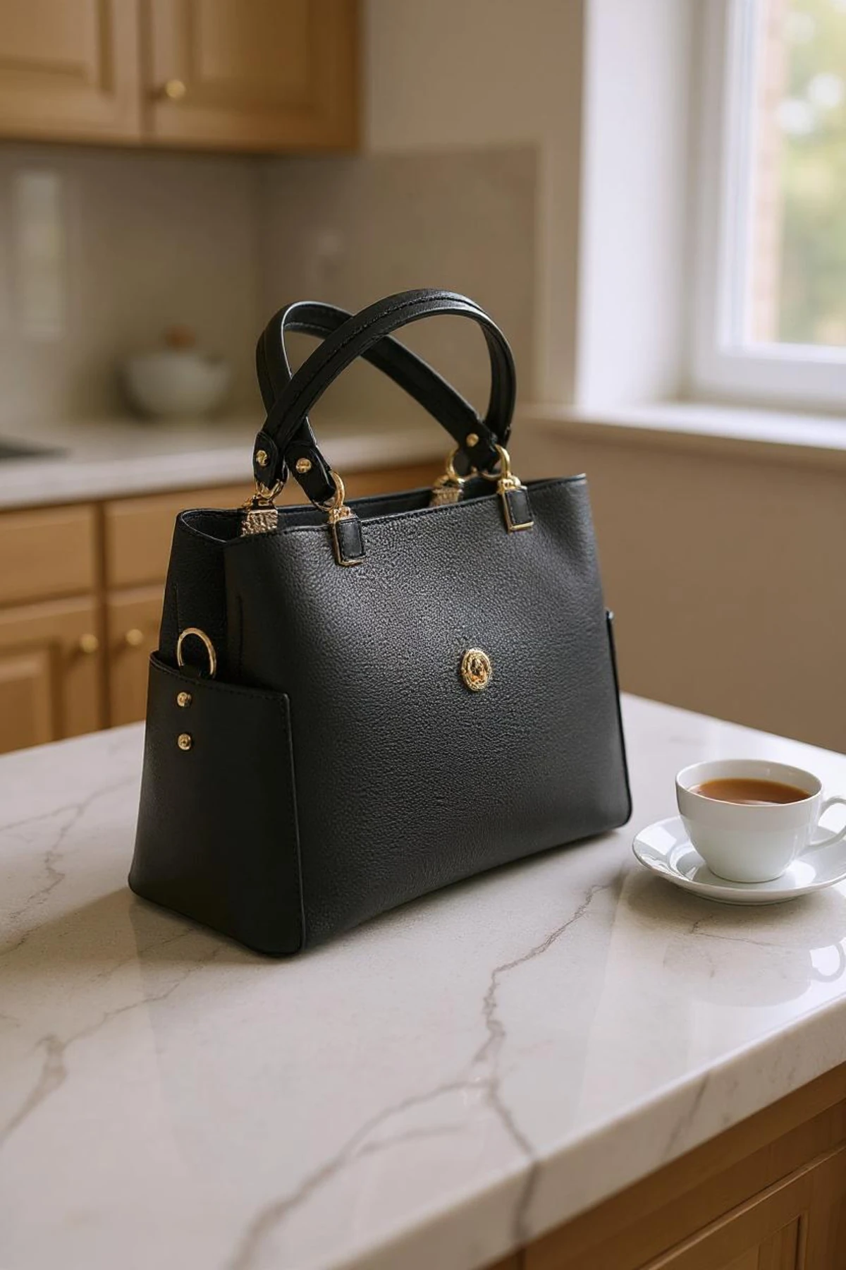 Yumuşak Deri Anne El ve Omuz Çantası– Siyah, Uzun Askılı, Çok Gözlü, Şık ve Fonksiyonel Tasarım