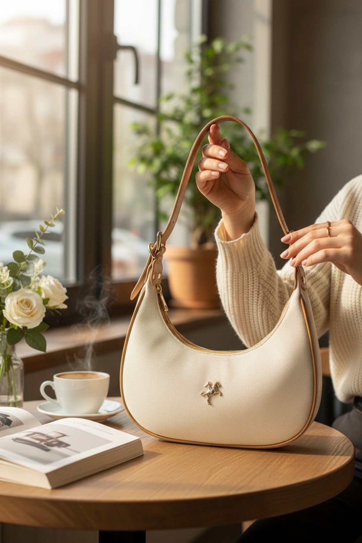 Zarif Krem Baget & Çapraz Askılı Kadın Çanta – Şık ve Çok Yönlü Tasarım