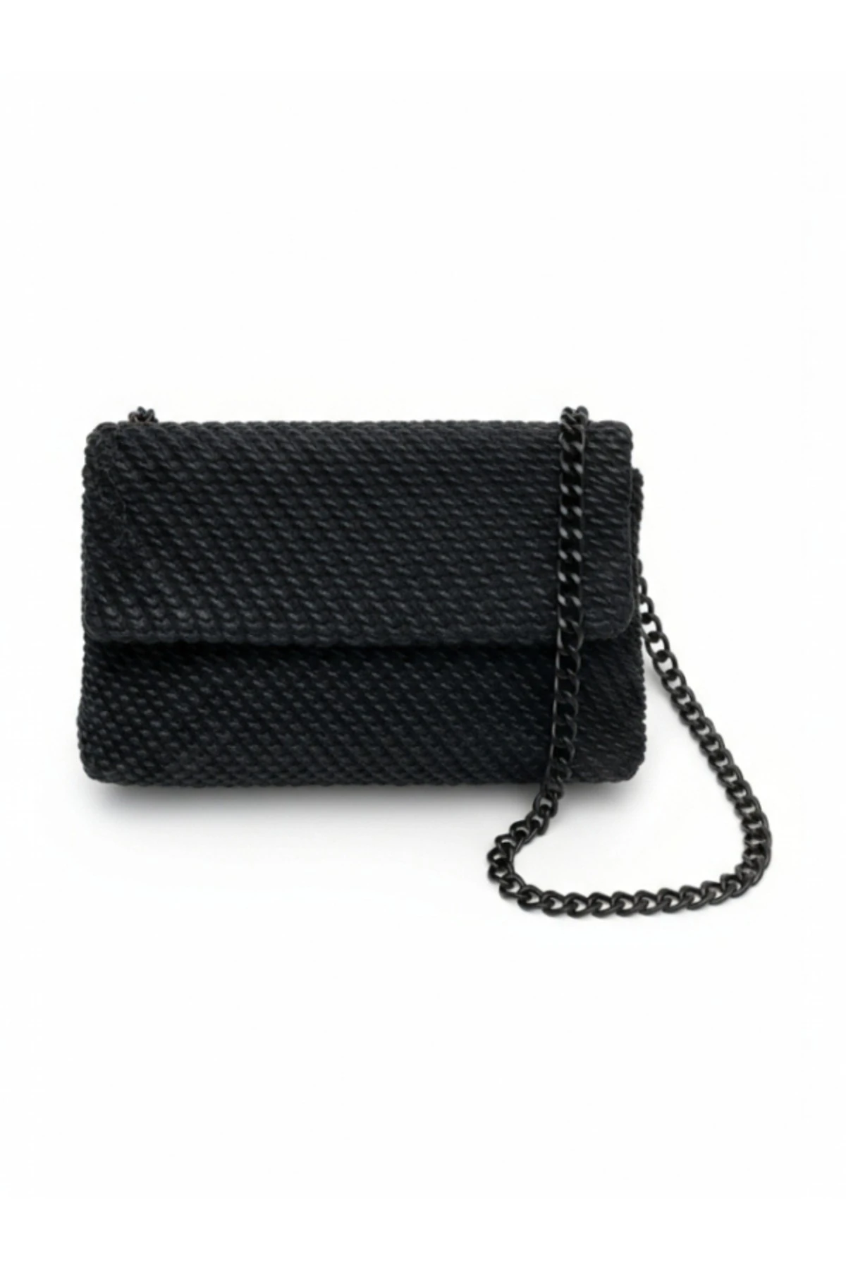 Siyah Örgü Desenli İthal Yumuşak Deri Kadın El ve Omuz Çantası – Çapraz Askılı Şık Model