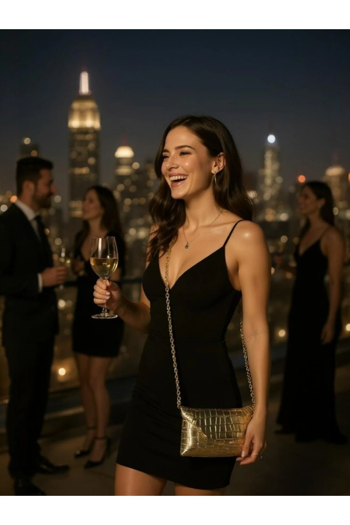 Kadın Altın Renk Zincir Askılı Kroko Desenli Mini Omuz Çantası – Gece Çantası – Portföy Stil