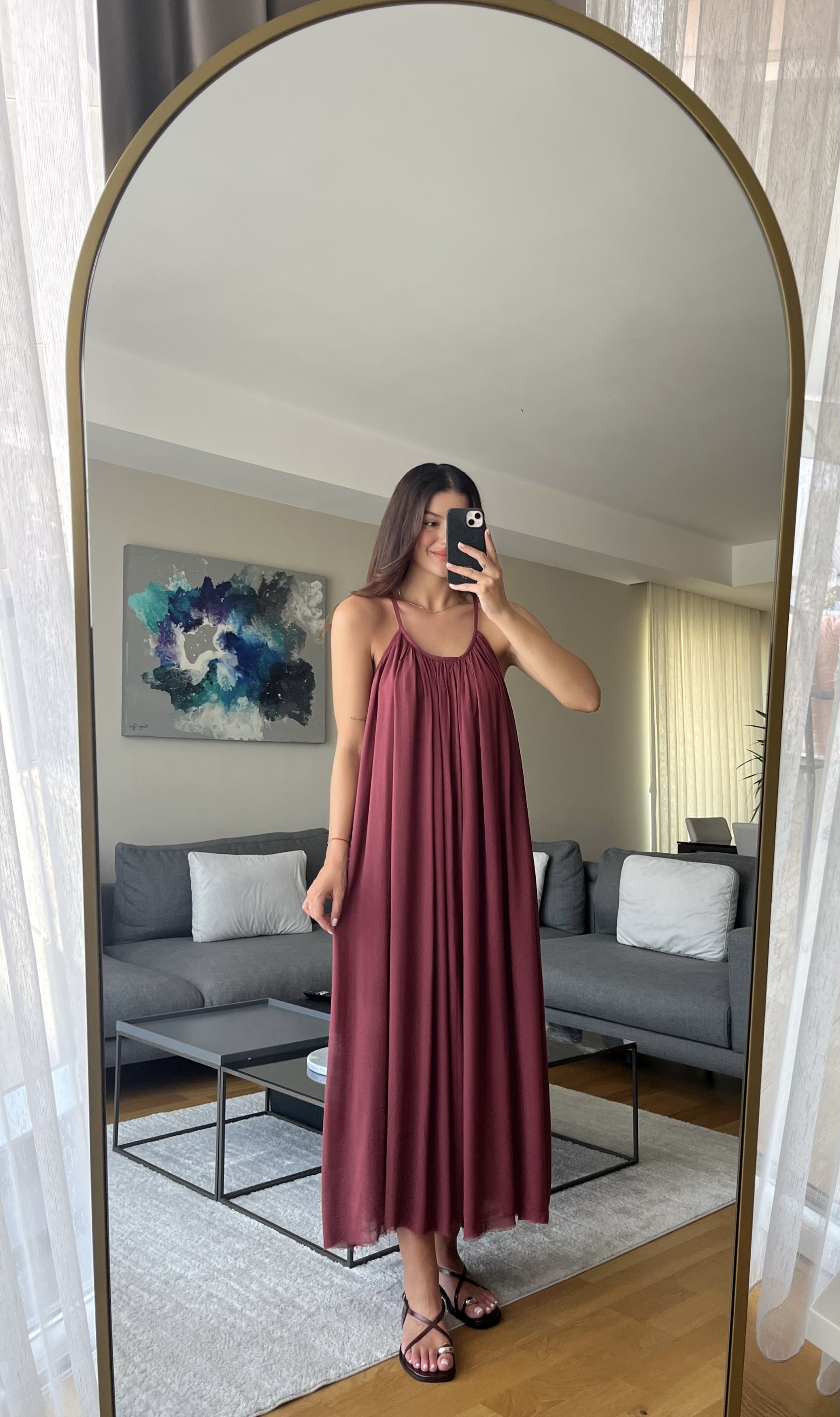 Bordo İp Askılı Astarlı Premium Elbise 