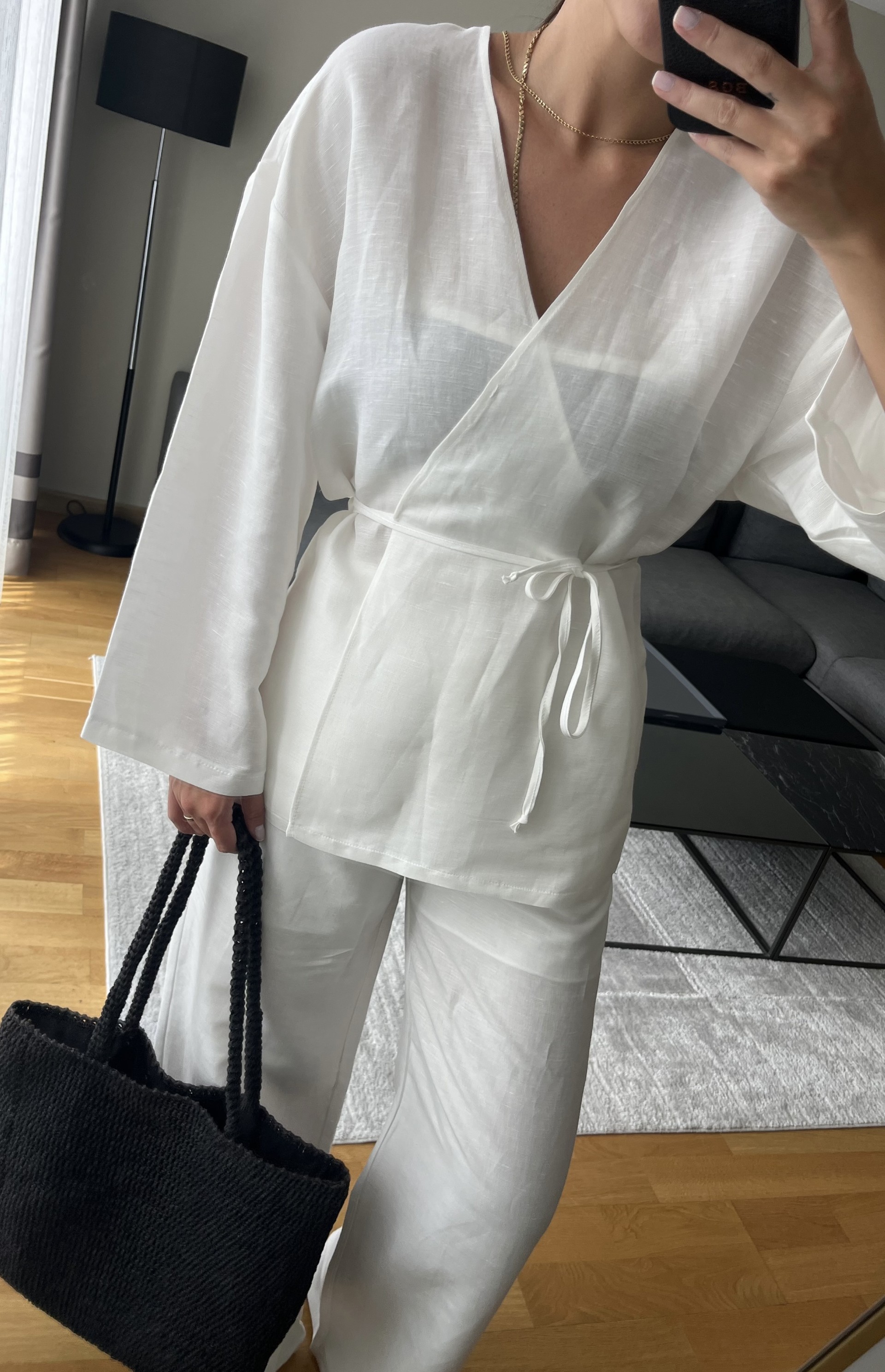 Beyaz Astarlı Keten Kimono Pantolon Takım 